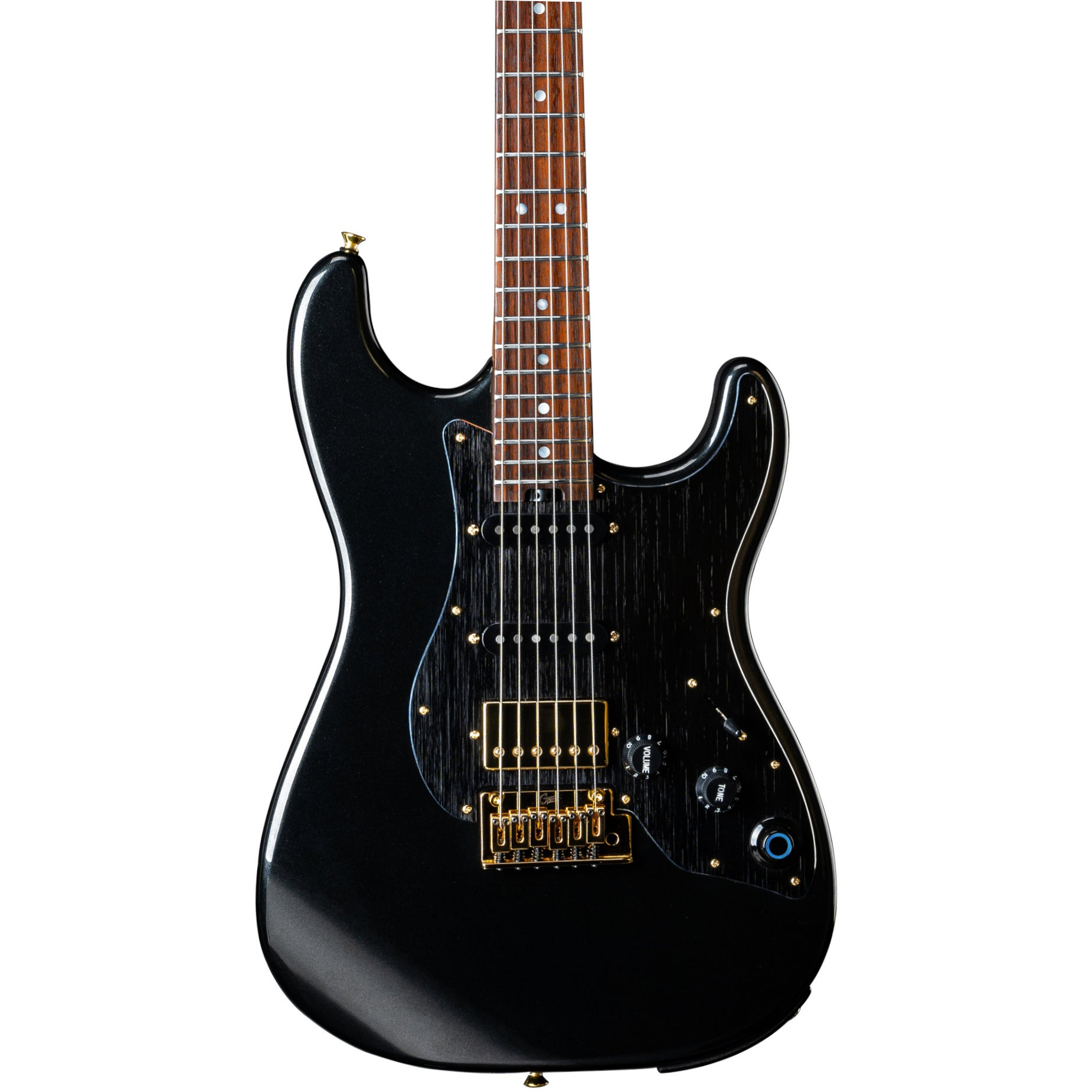 Altın donanımlı ve ahşap damarlı pena korumalı siyah elektro gitar.