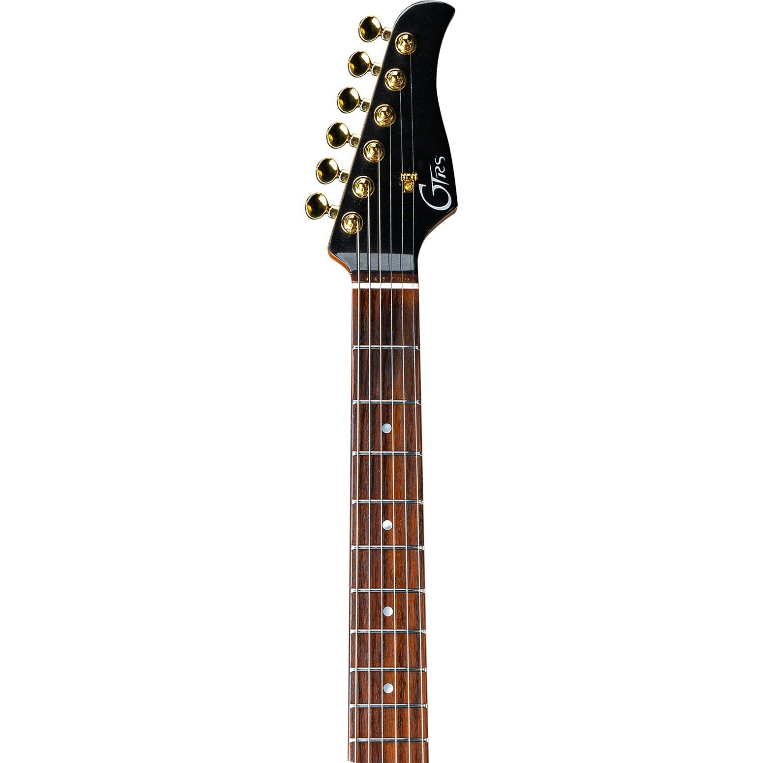 Altın burgulu, ahşap klavyeli siyah gitar başlığı.