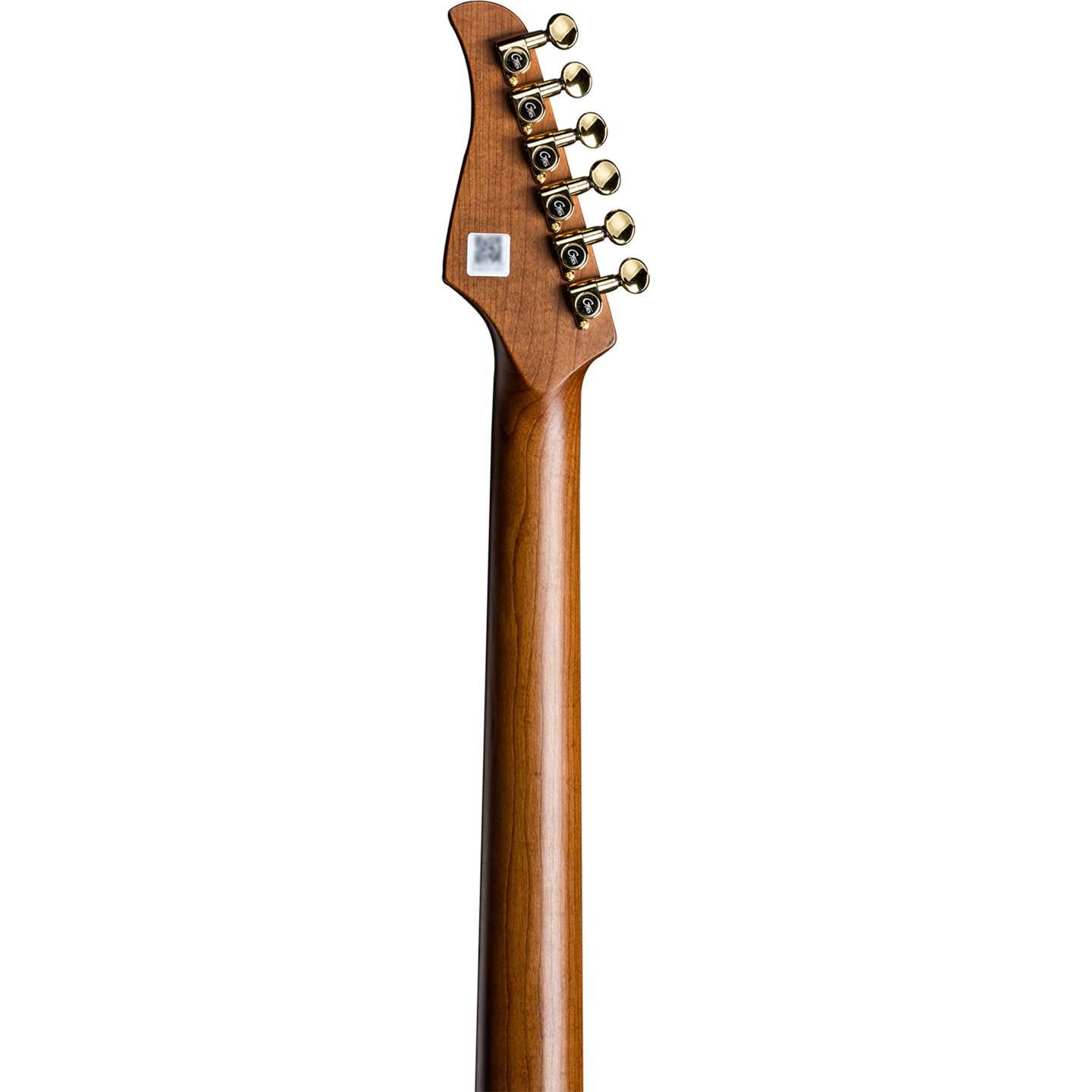 Ahşap üzerinde altı altın burgulu elektro gitar başı ve sapı.