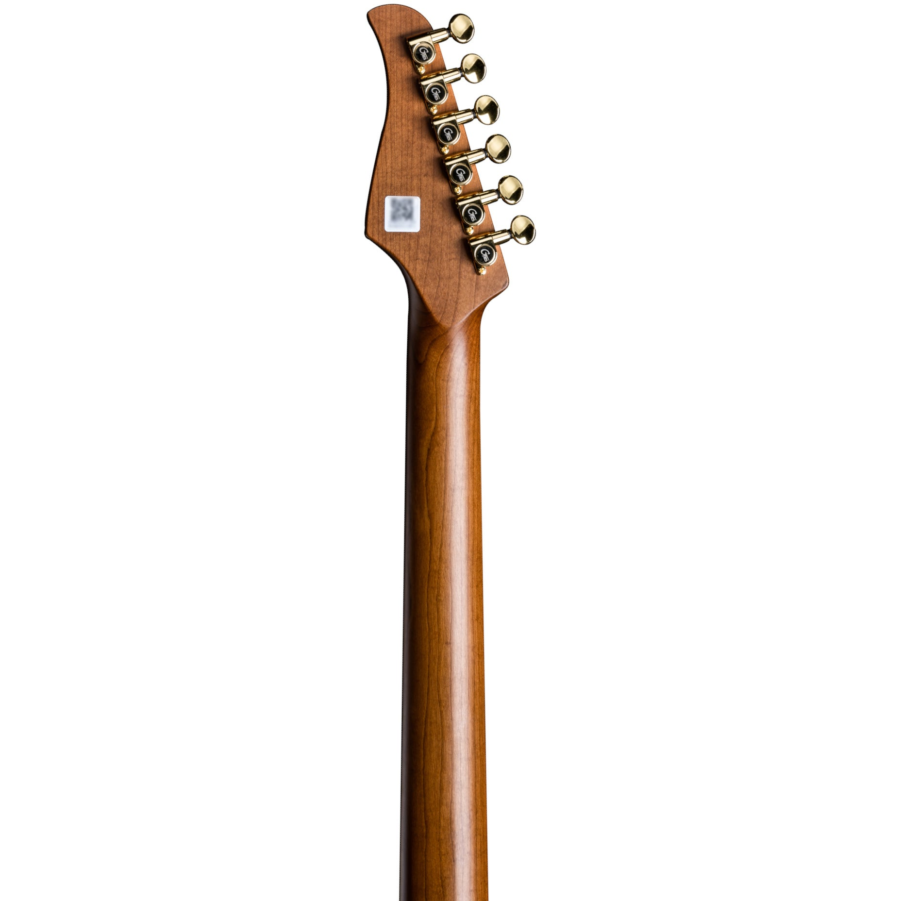 Altın burgulu, beyaz etiketli ahşap gitar sapı.