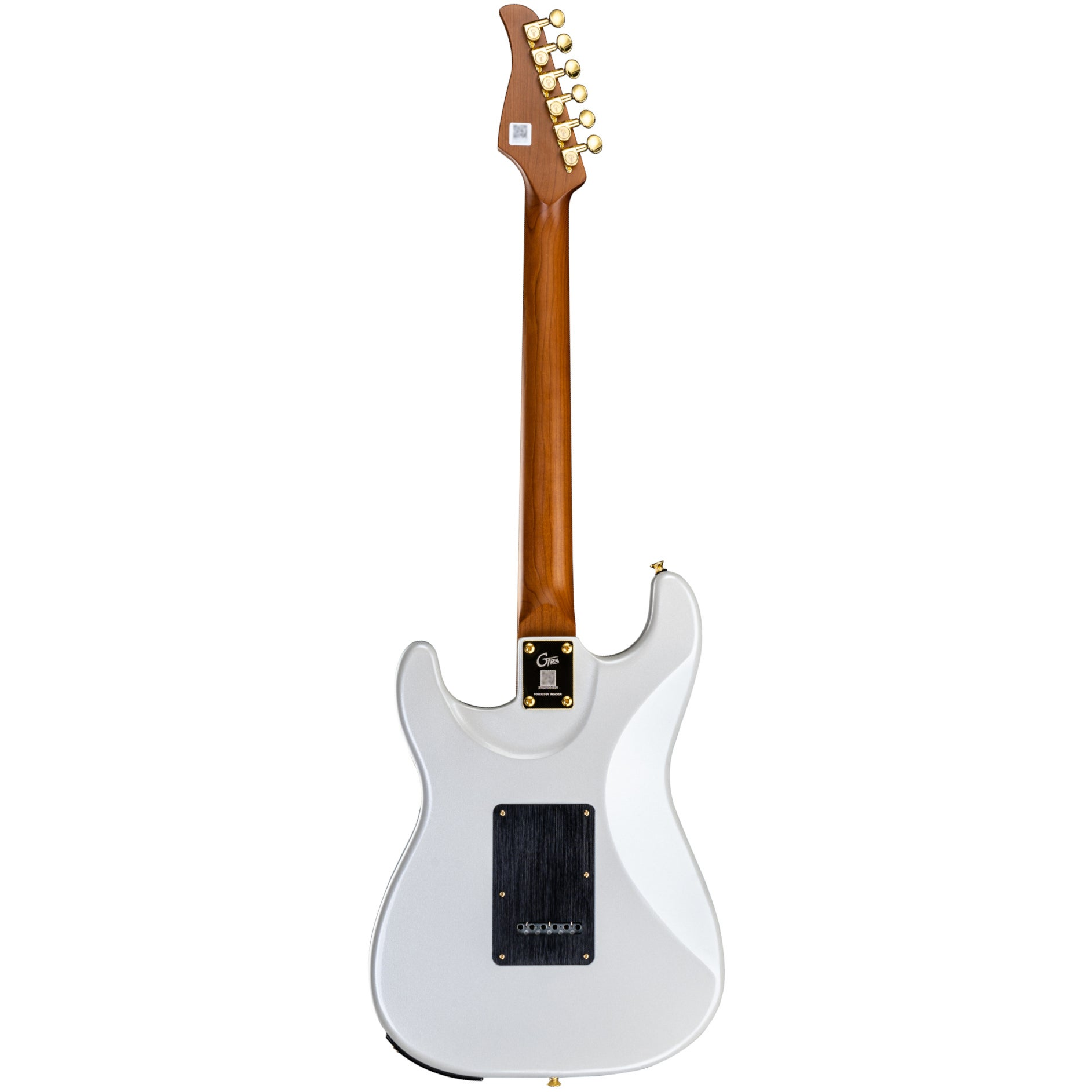 Altın burgulu, ahşap saplı beyaz elektro gitar.