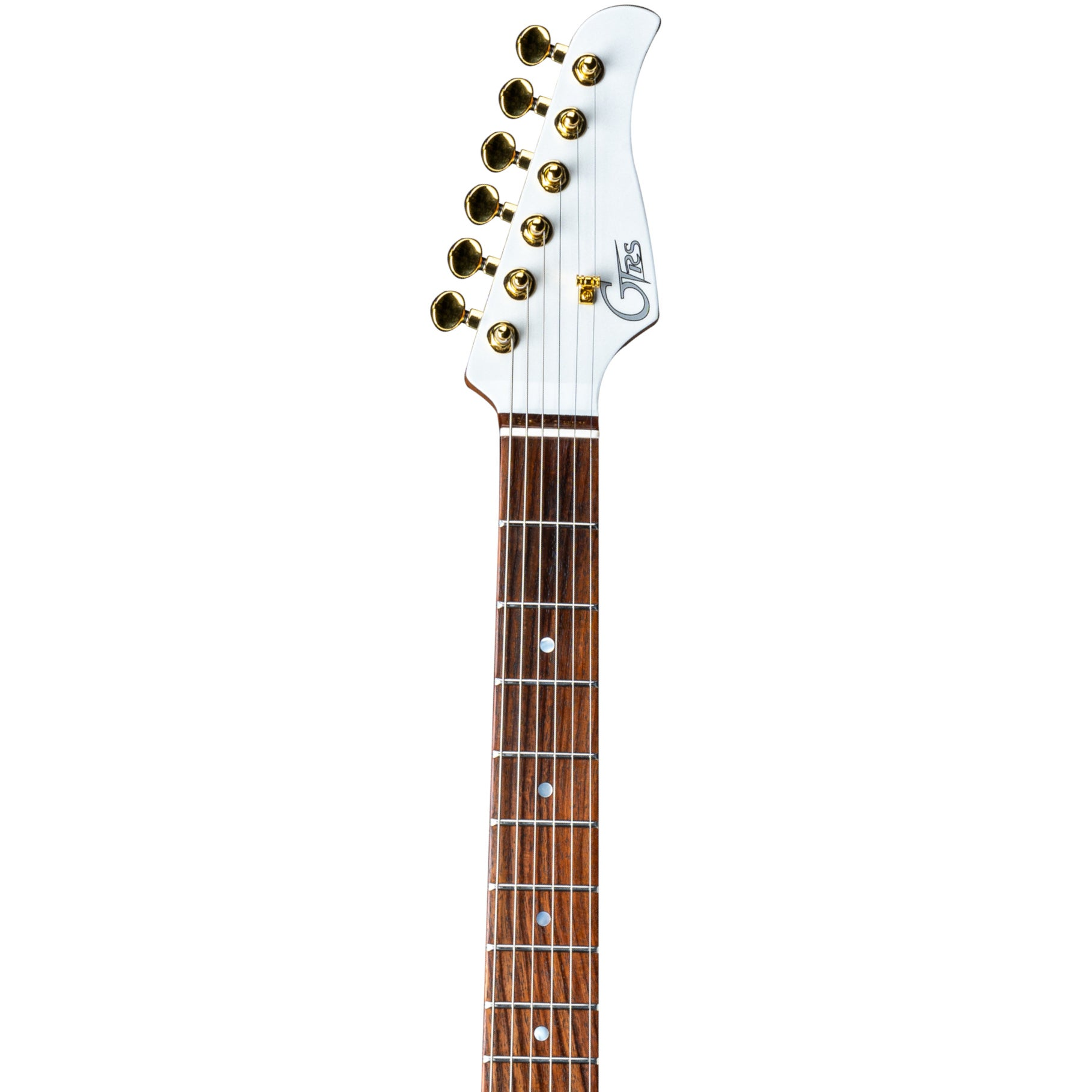 Altın burgulu ve logolu beyaz gitar kafa sapı.