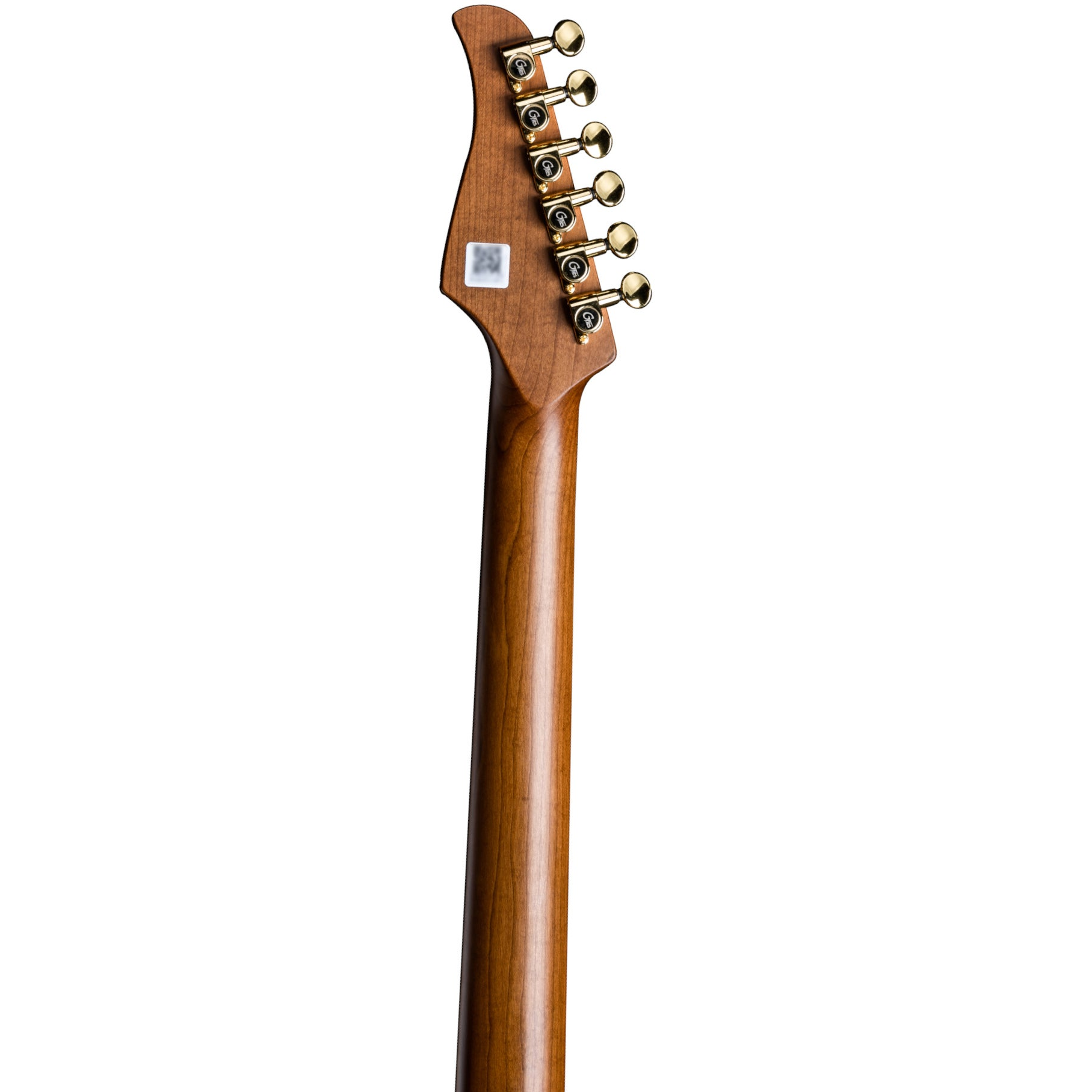 Altın burgulu gitar sapının arkası ve etiketi.