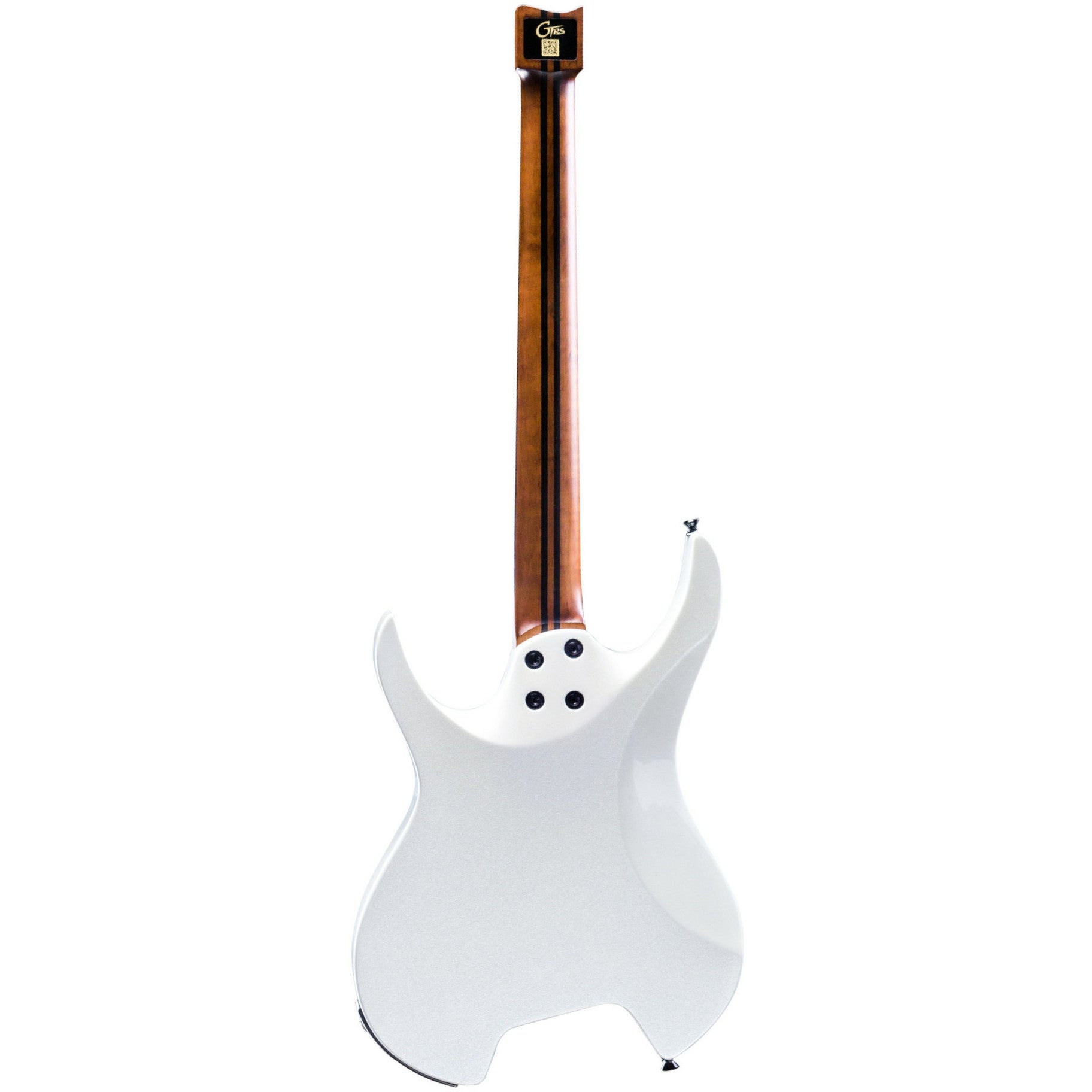 Kahverengi sapa ve koyu şeritlere sahip parlak beyaz elektro gitarın arka görünümü.