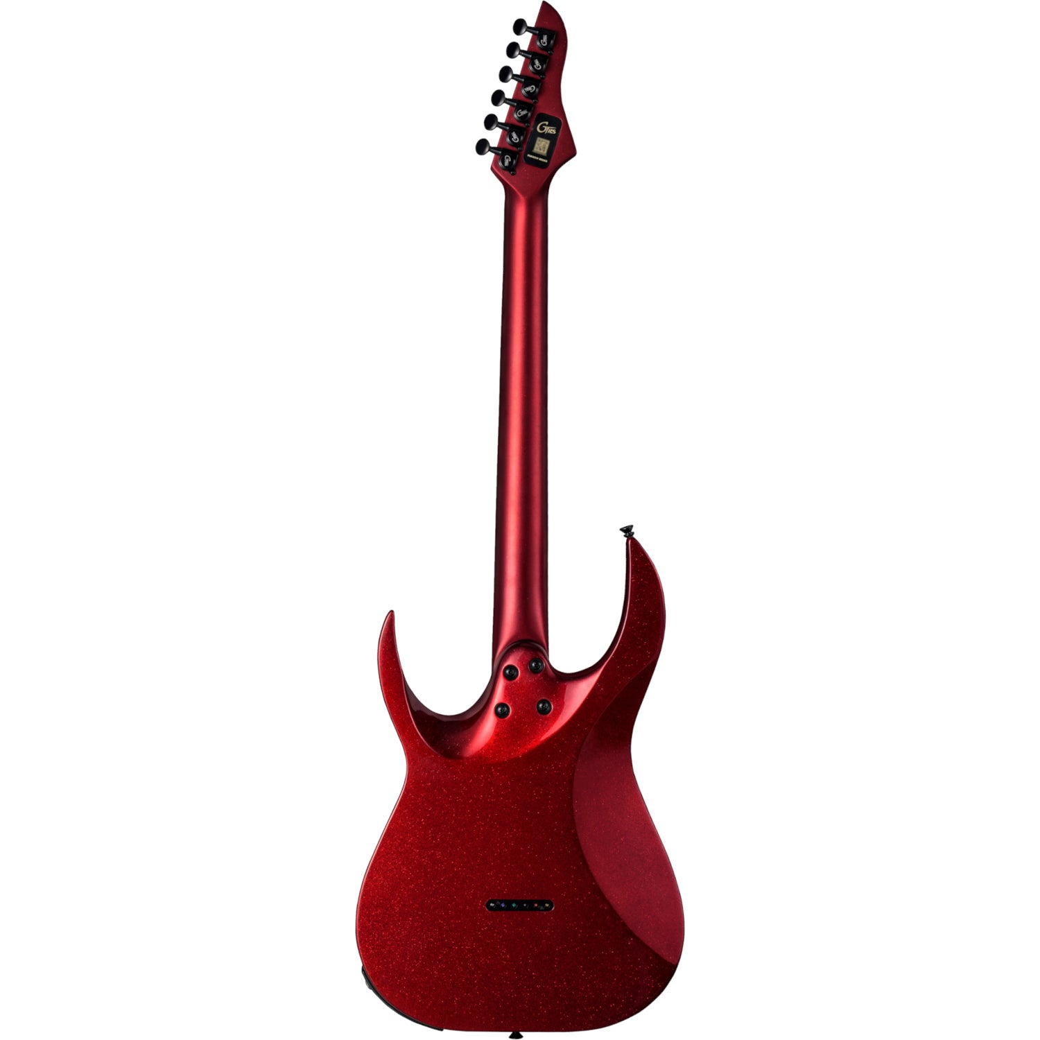Arkadan gorünen kirmizi elektro gitar, siyah akort burgulari ve parlak yüzeyli.