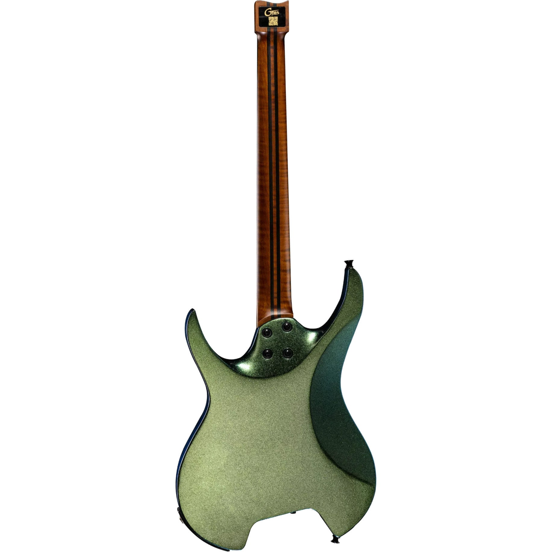 Ahşap klavyeli ve siyah şeritli yeşil elektro gitarın arkası.