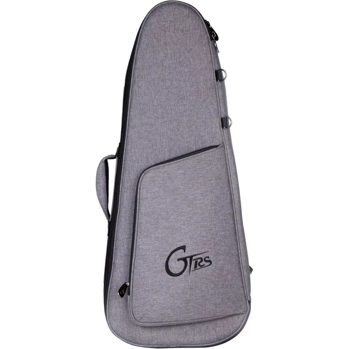 Siyah fermuarlı ve logolu gri gitar çantası.