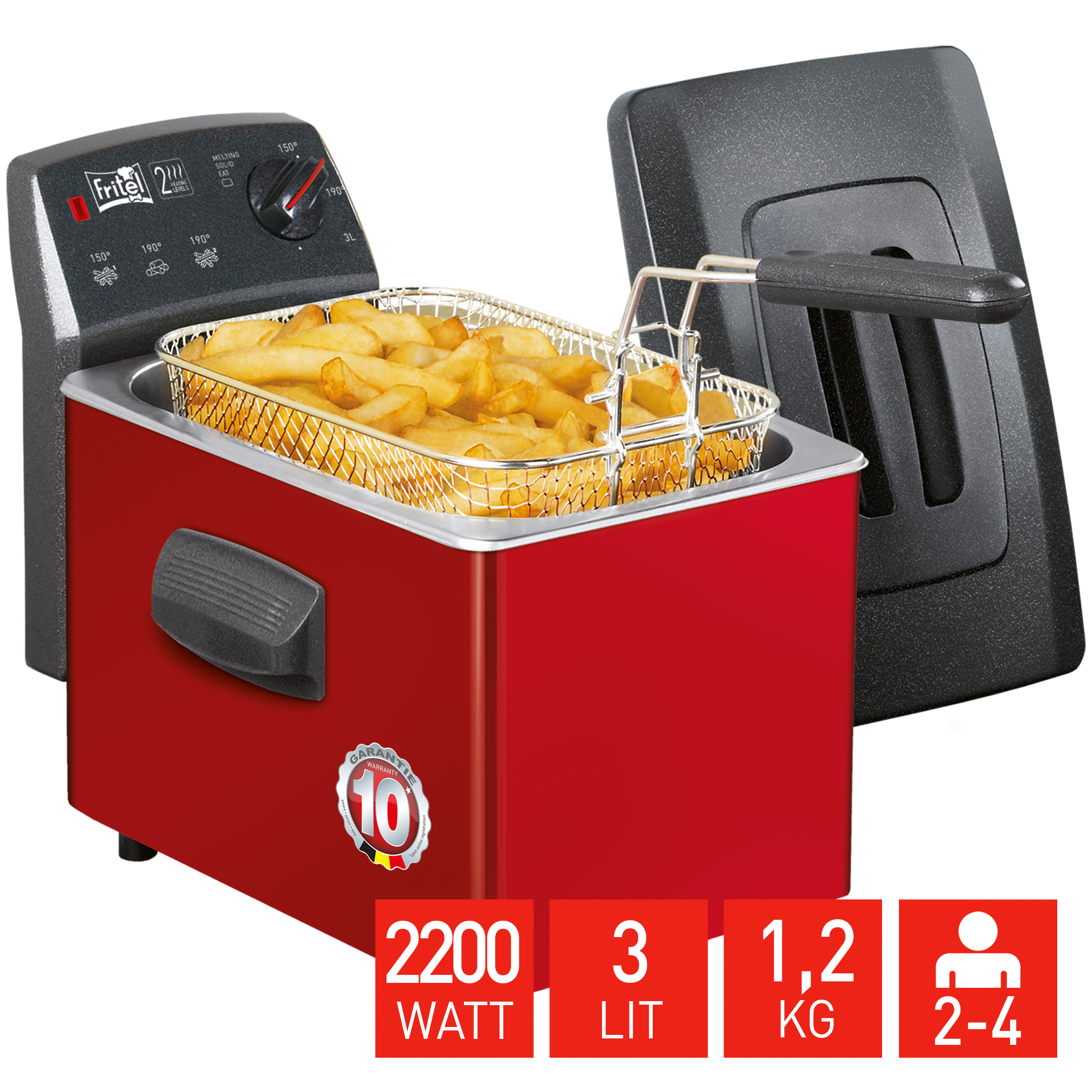 Eine rote Fritteuse mit Pommes und schwarzem Deckel. Technische Daten sind sichtbar.