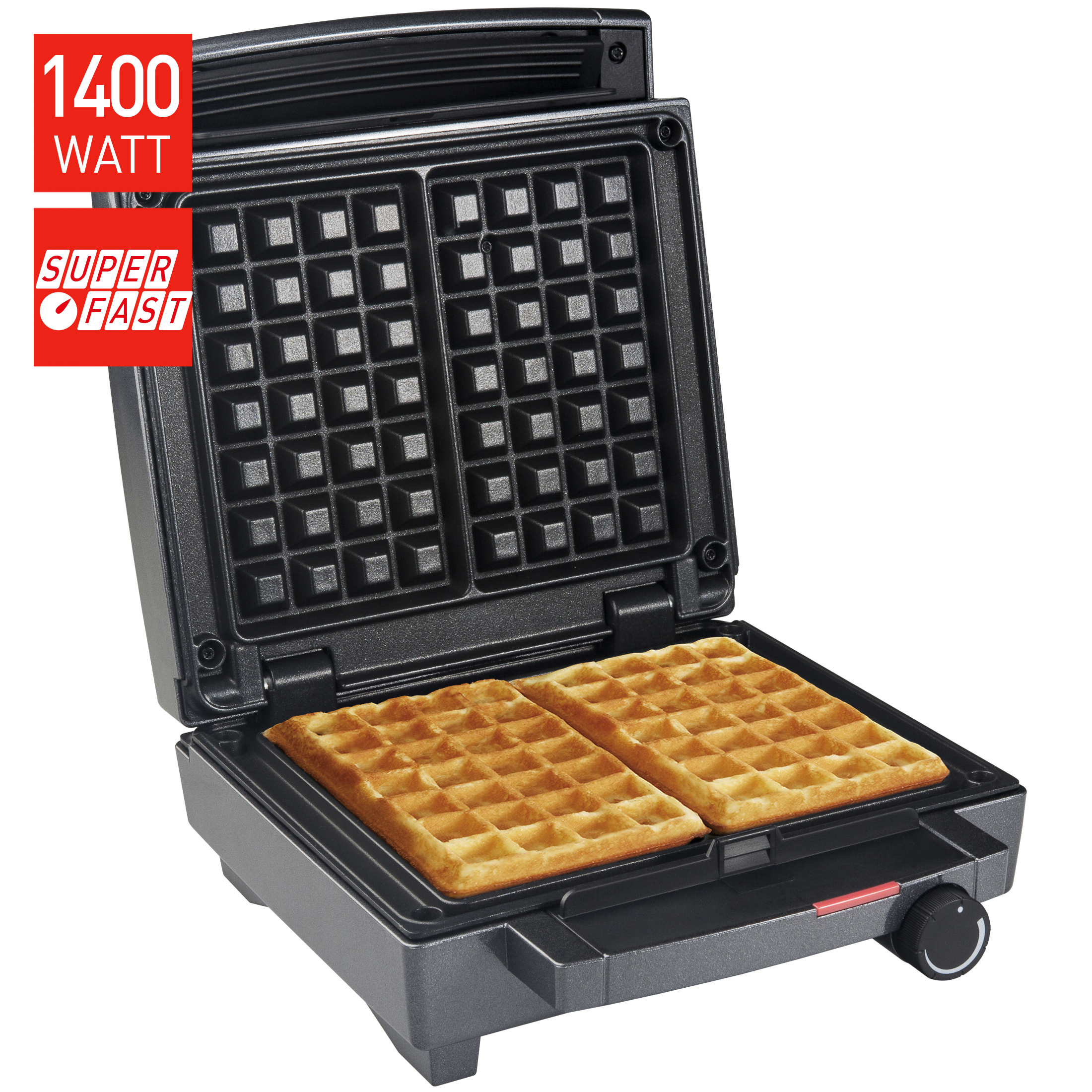 An open waffle maker with two golden brown waffles and red warning labels.