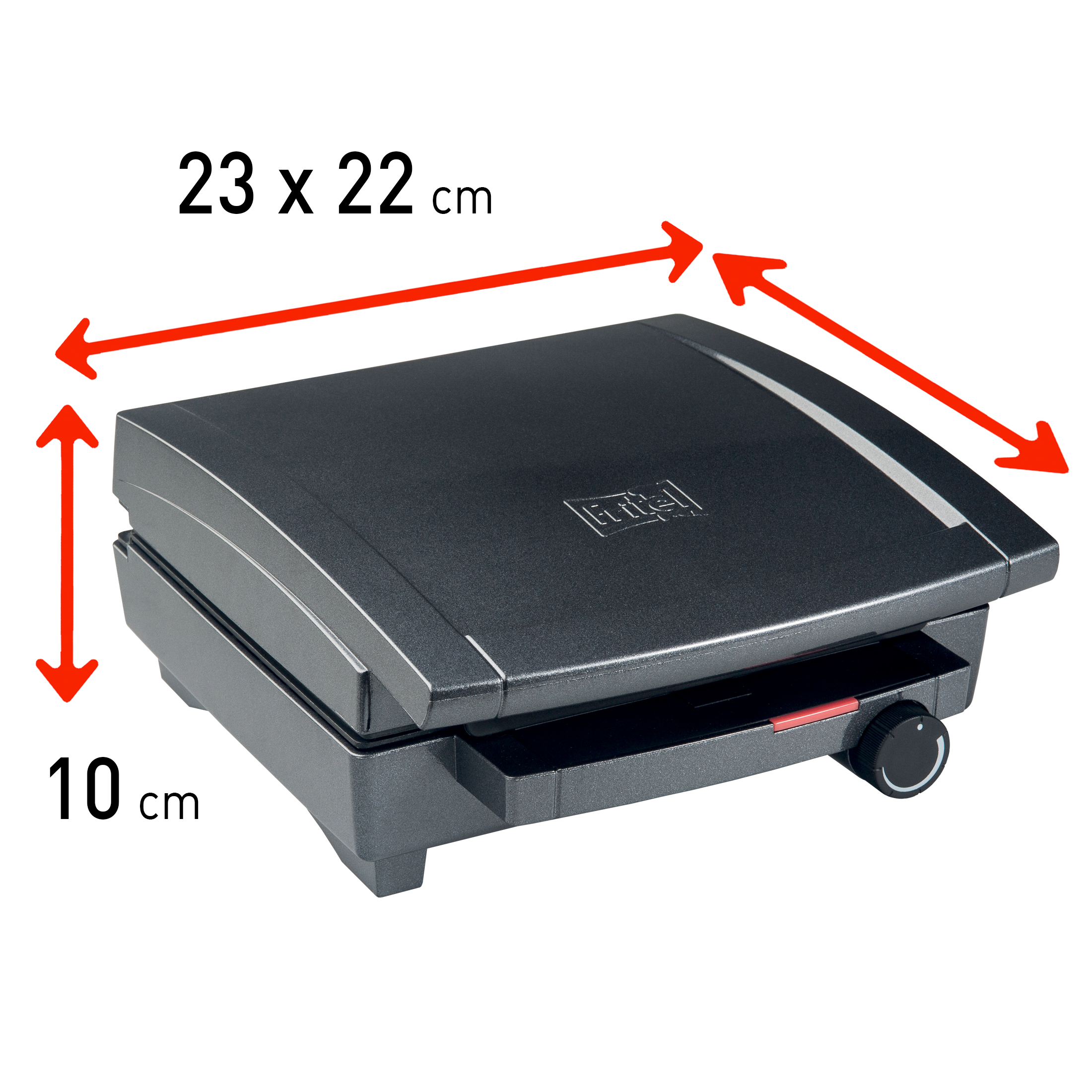 Black contact grill with red dimension arrows: 23x22 cm width, 10 cm height.