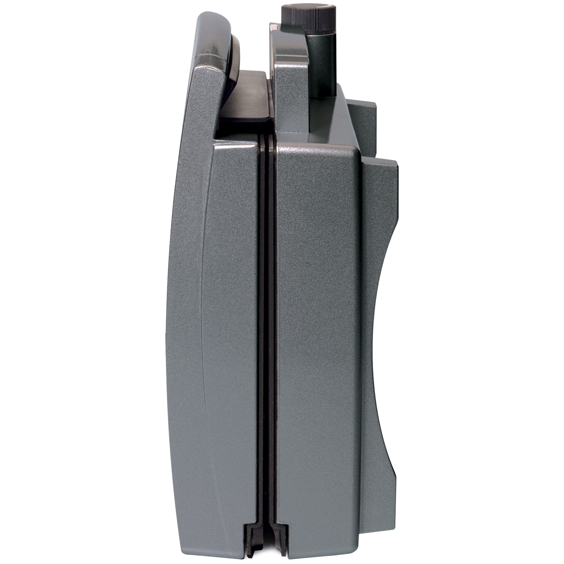 A gray device with a black knob on top, seen from the side.