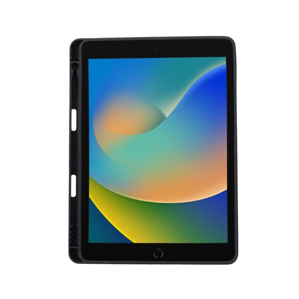 Renkli kilit ekranına sahip siyah tablet, beyaz arka plan üzerinde.