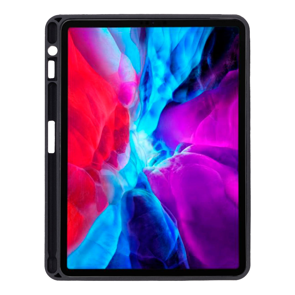 Kırmızı, mavi ve mor tonlarında canlı bir duvar kağıdı gösteren siyah bir tablet.