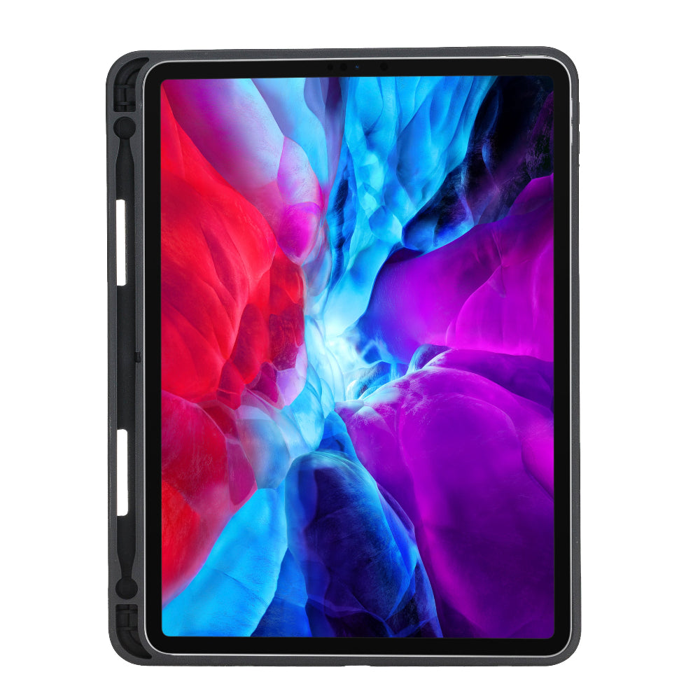 Renkli duvar kağıdı gösteren siyah bir tablet.