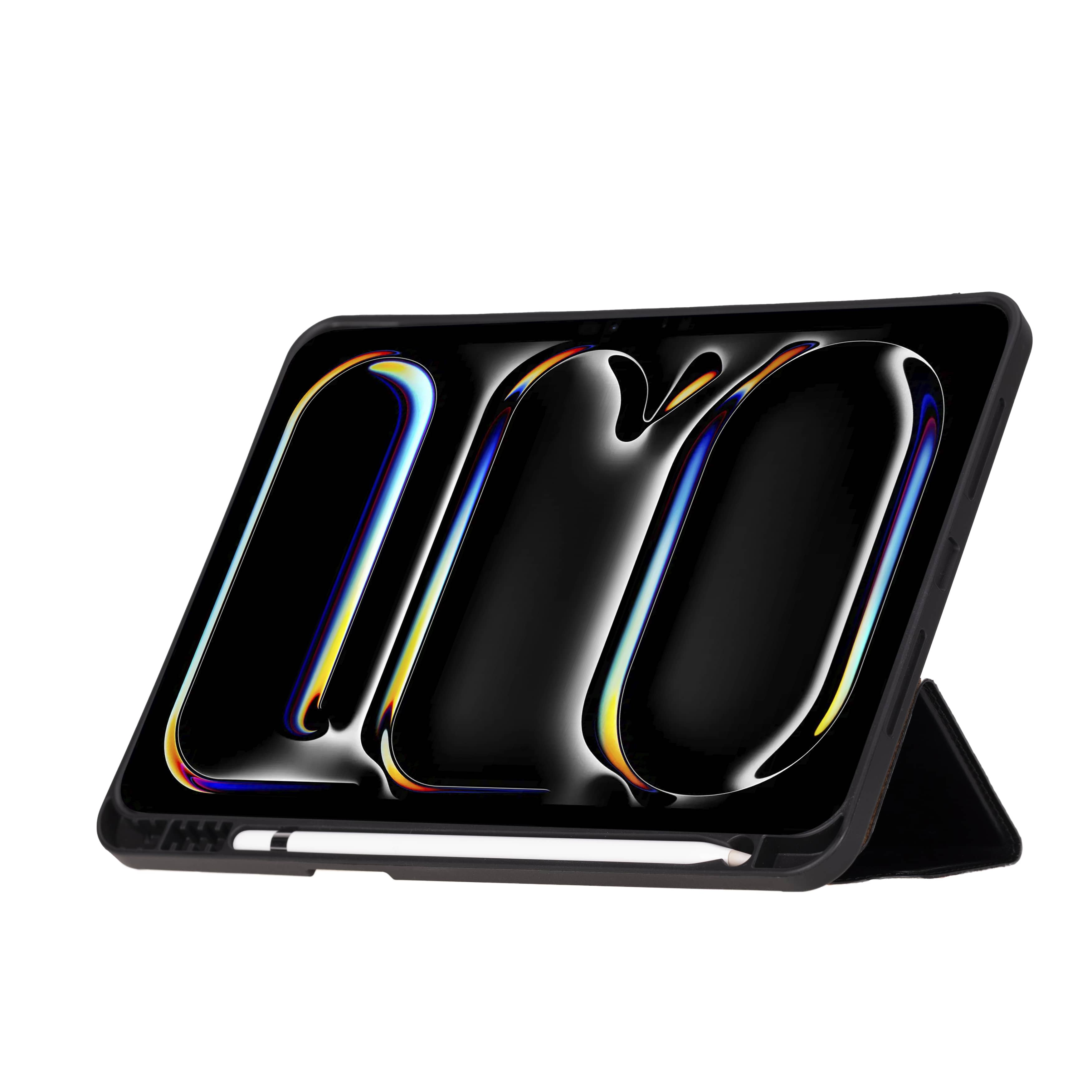 Stand olarak kullanılan kılıfta kalem bulunan tablet. Pürüzsüz siyah yüzey.