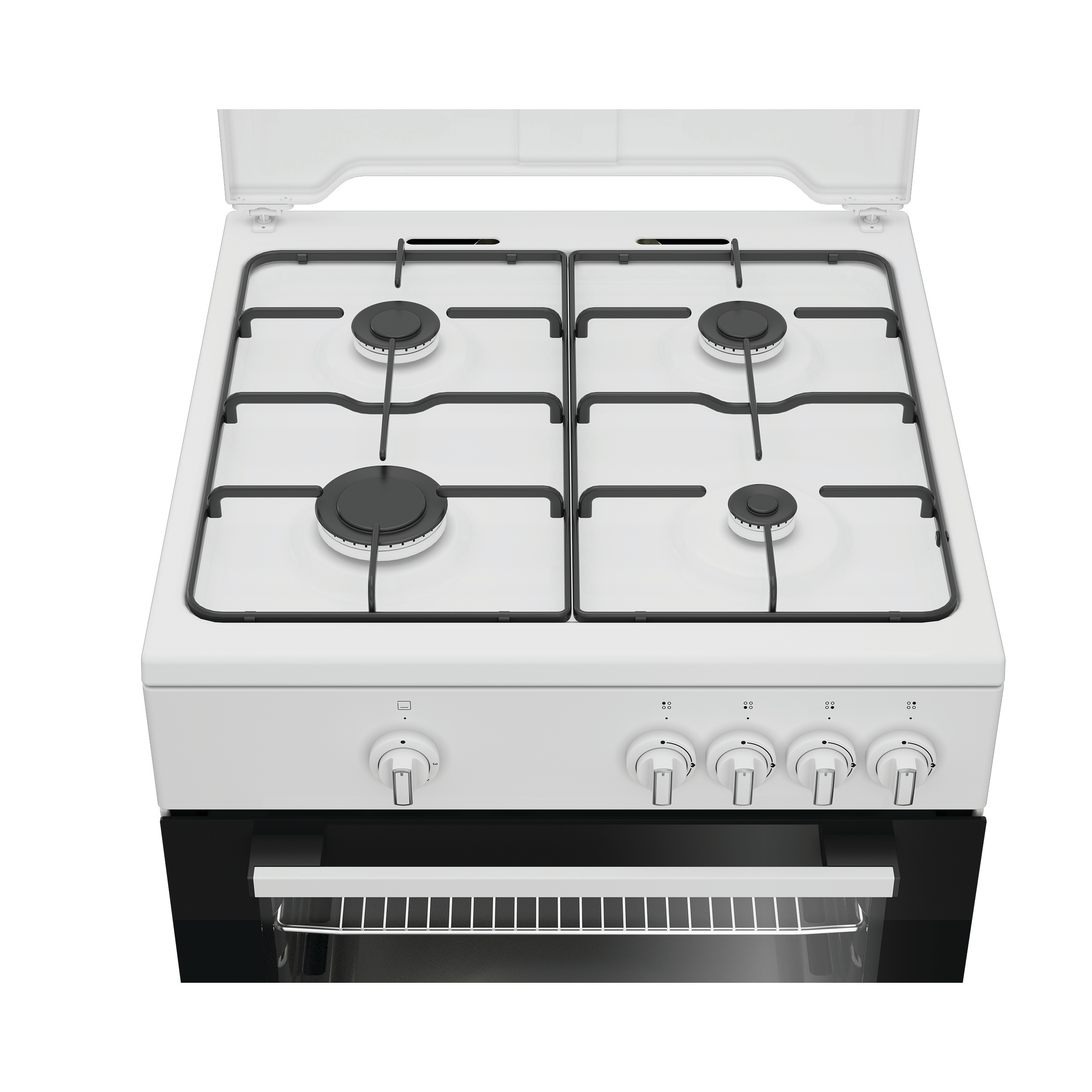 Un fornello a gas bianco con quattro fuochi, griglie nere e porta del forno.