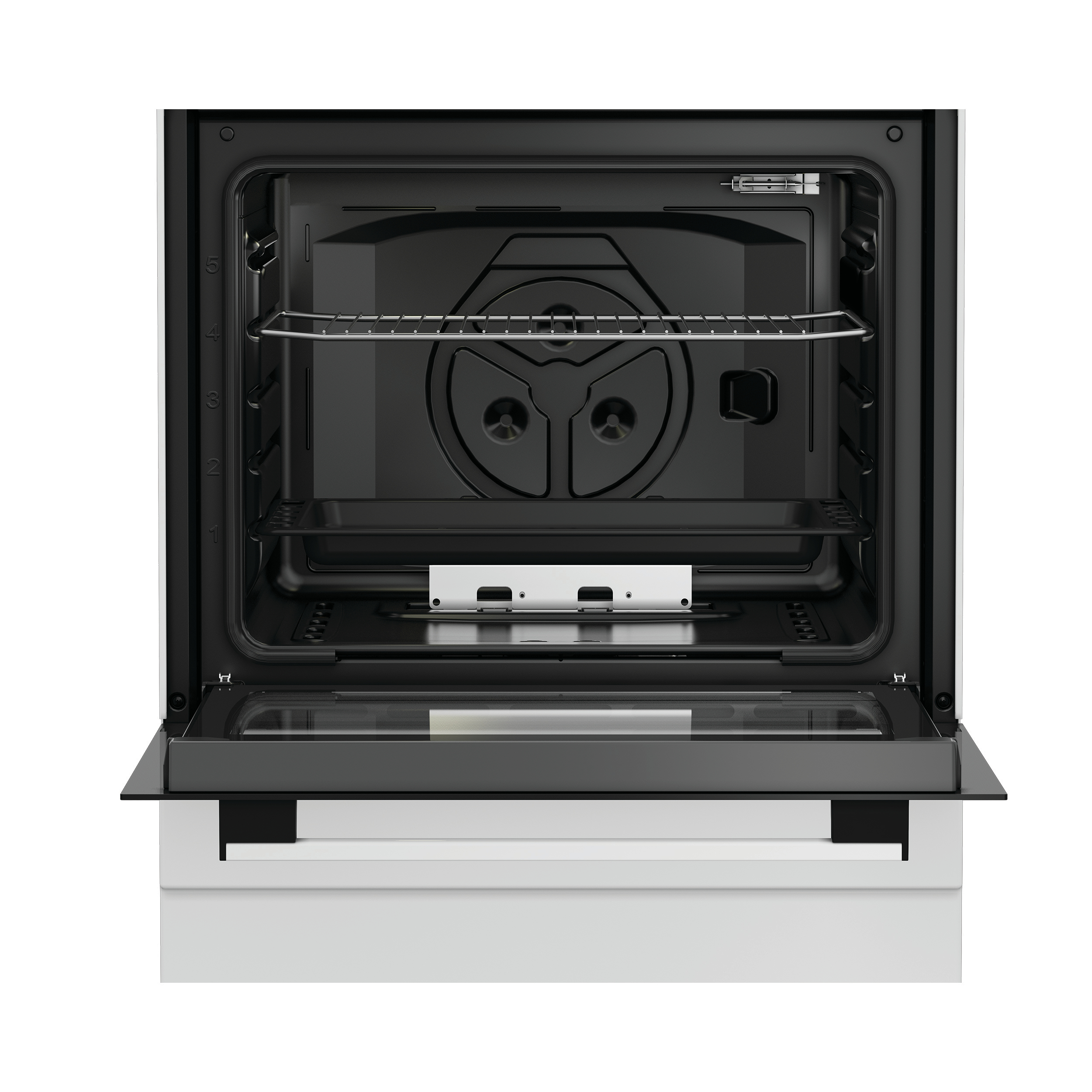 Forno da incasso aperto con griglia argentata e interno nero.