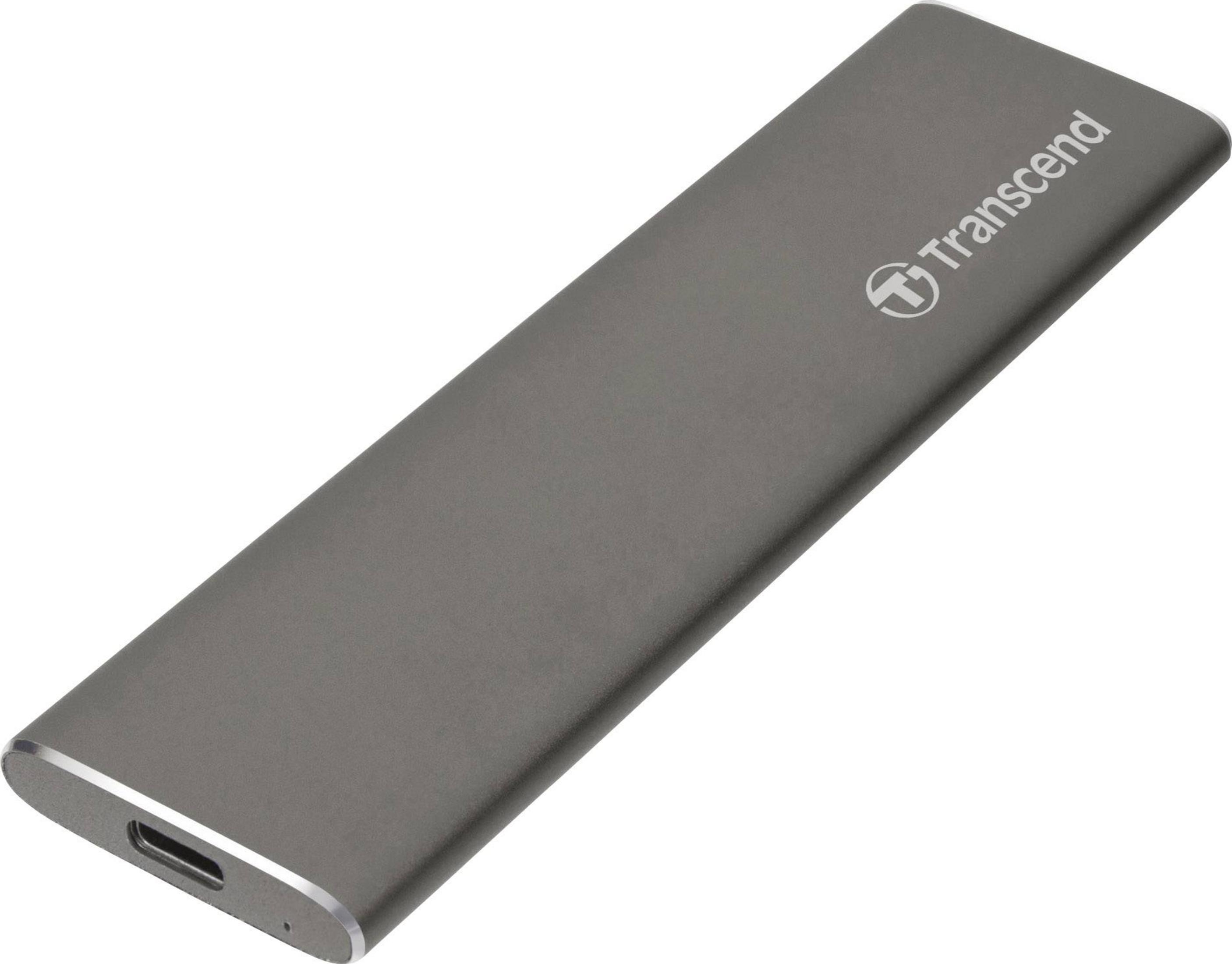 Transcend logosu ve USB-C bağlantı noktasına sahip gri harici SSD kutusu.