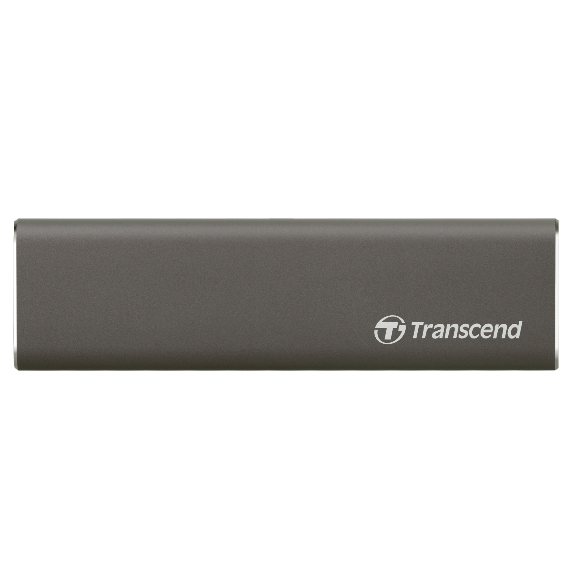 Beyaz Transcend logosuna sahip gri, dikdörtgen harici depolama cihazı.