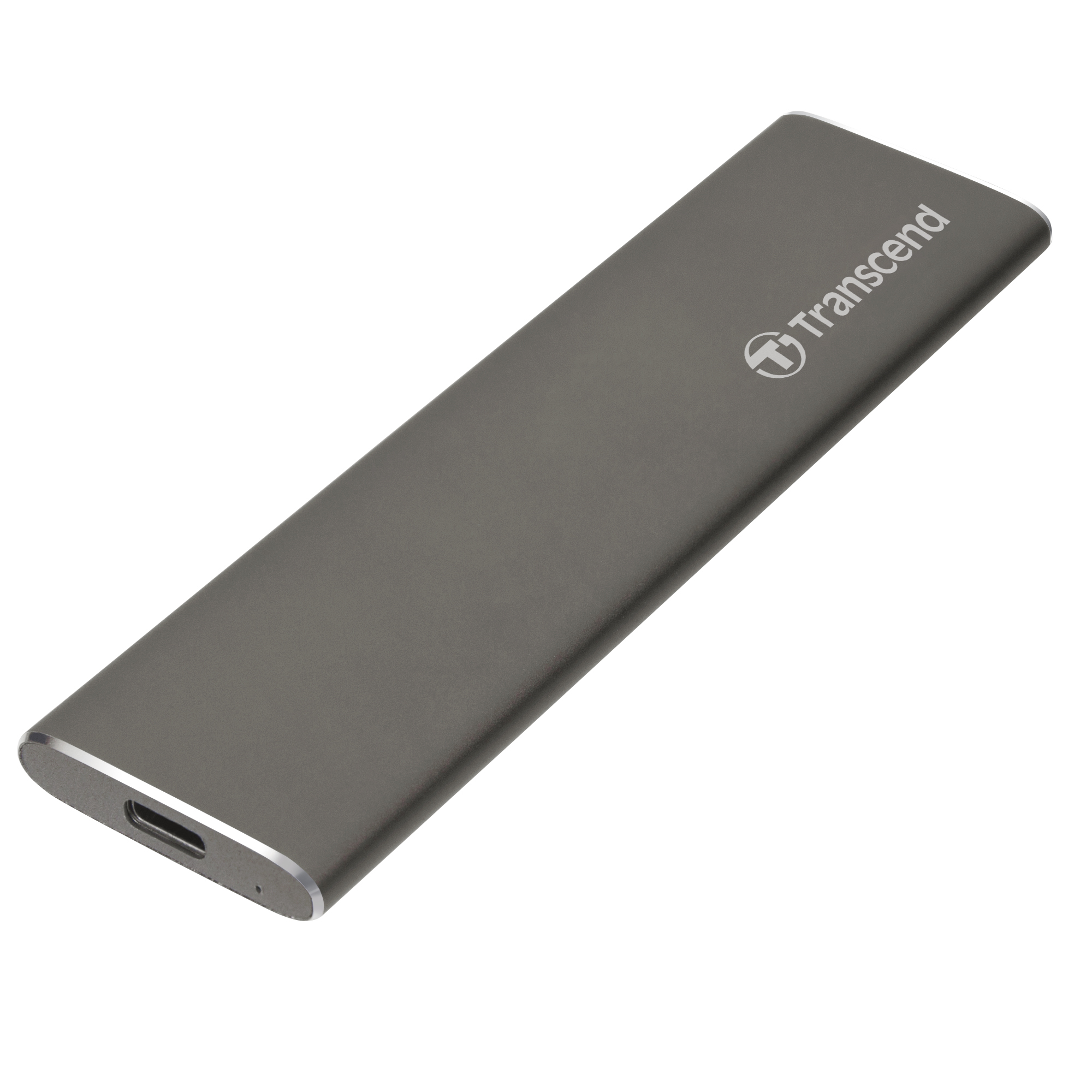 Transcend logosu ve USB-C bağlantı noktasına sahip gri harici SSD kutusu.