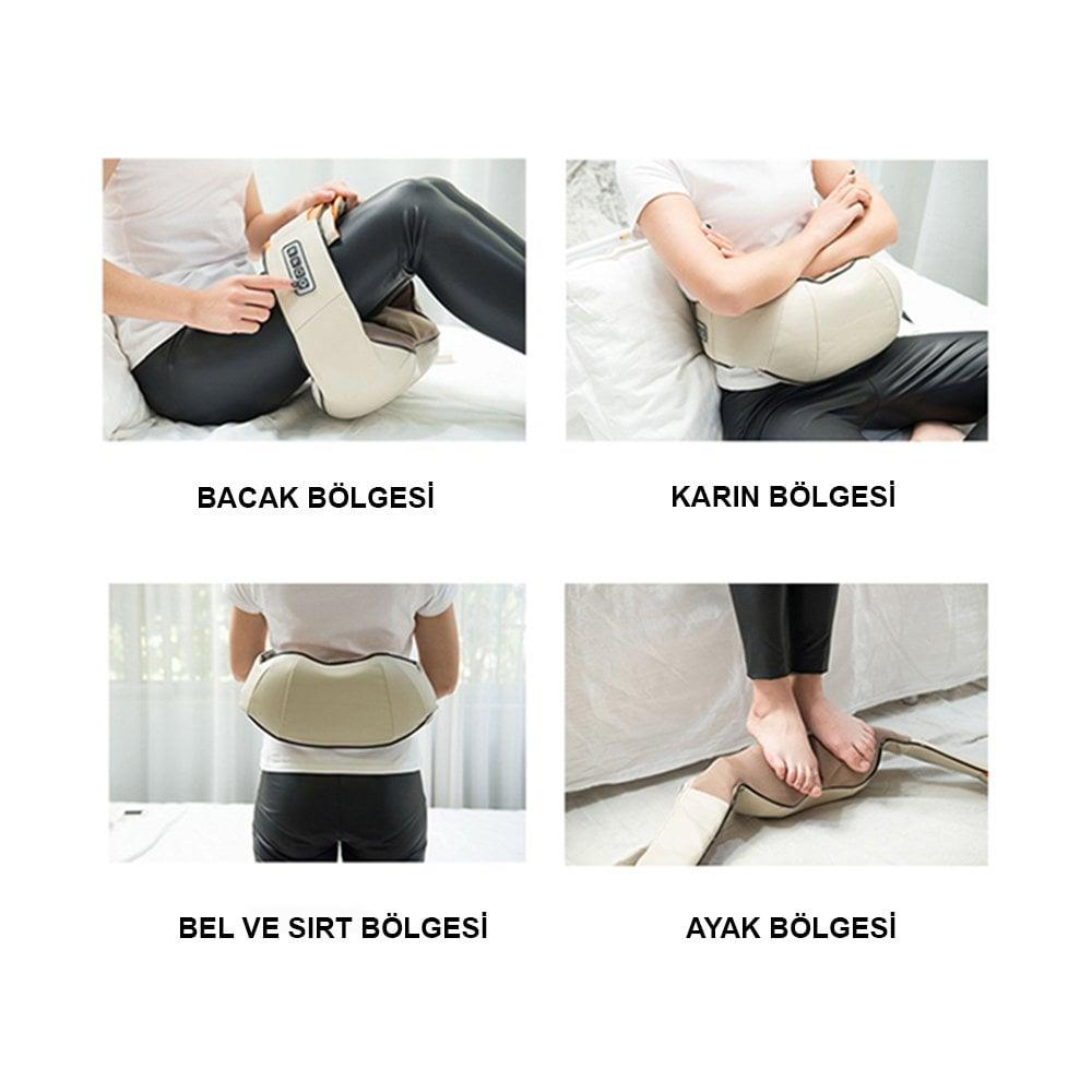 Dört resim, farklı vücut bölgelerinde bir masaj cihazı gösteriyor.