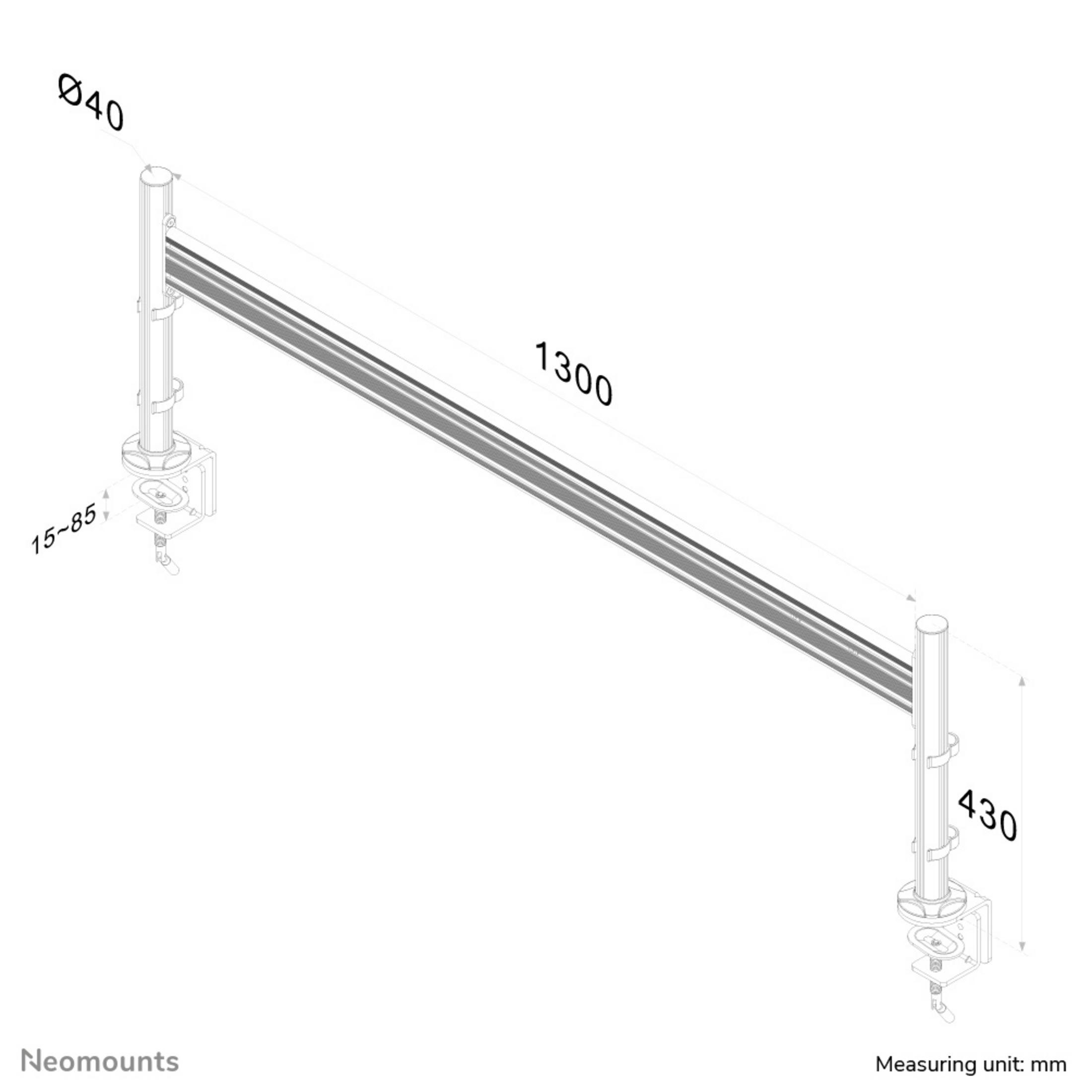 Een witte technische tekening van een arm met klemmen en maten.