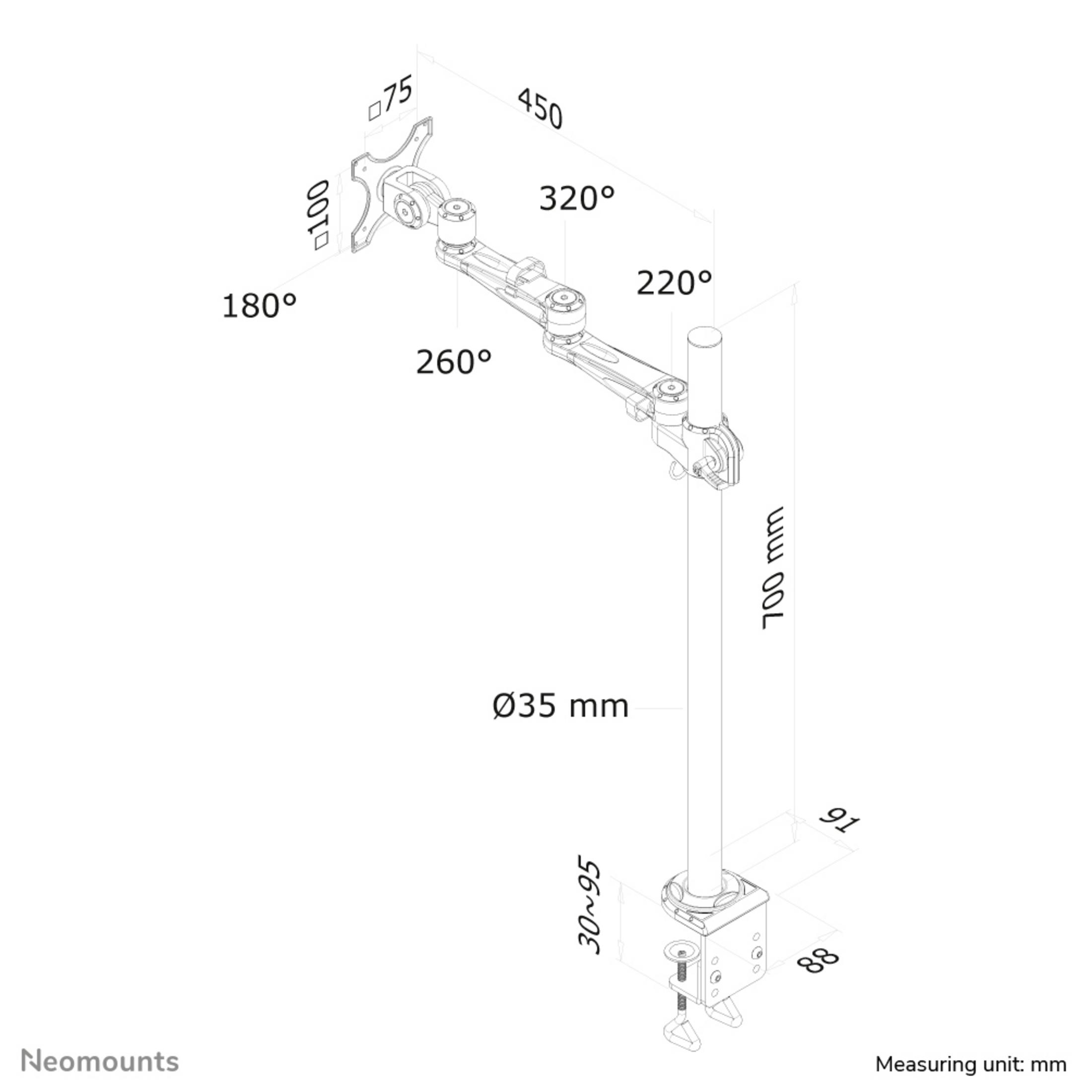 Diagram van een Neomounts monitorarm met afmetingen en hoeken aangegeven.