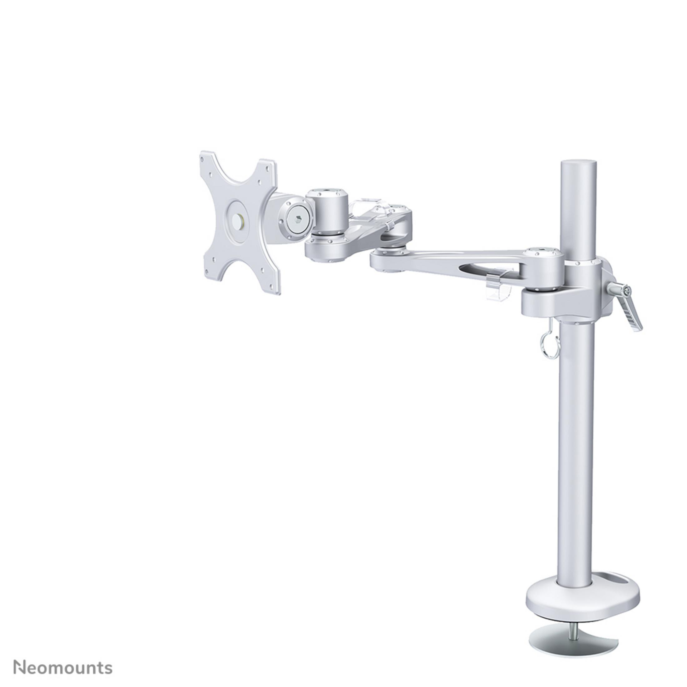 A silver monitor arm with adjustable joints and a desk clamp.