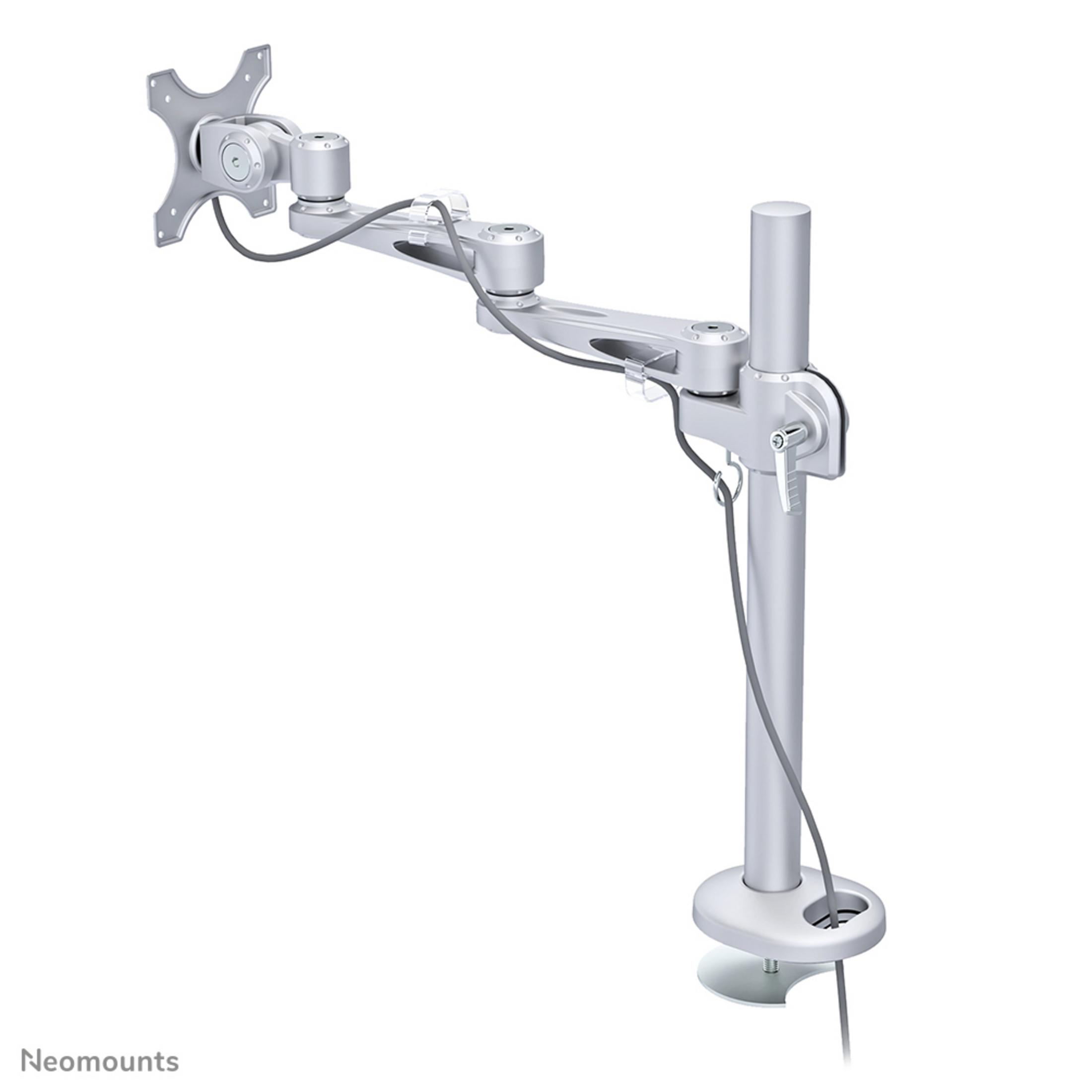 A silver monitor arm with cable management and desk clamp.