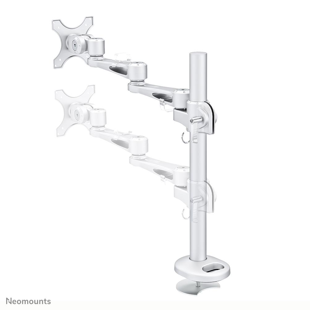A silver dual-arm monitor stand with a clamp base.