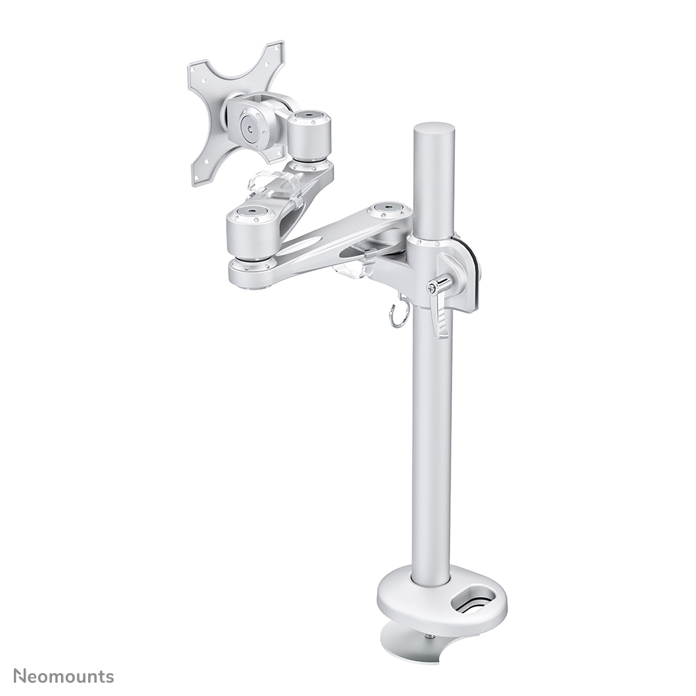An adjustable silver monitor arm with a clamp base stands on a white background.