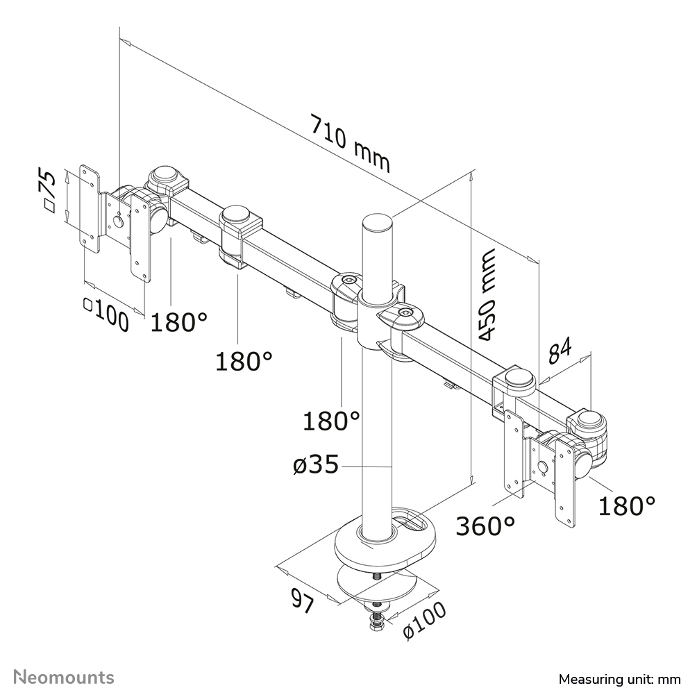 Neomounts dubbele monitorarm met getoonde afmetingen: 710 mm breed, 450 mm hoog.