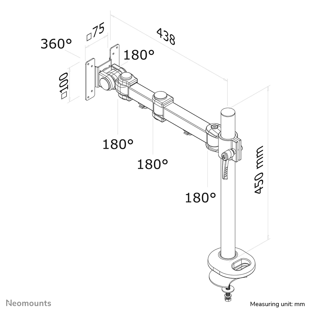 Diagram van een Neomounts monitorarm met afmetingen. Hoogte 450 mm, lengte 438 mm.