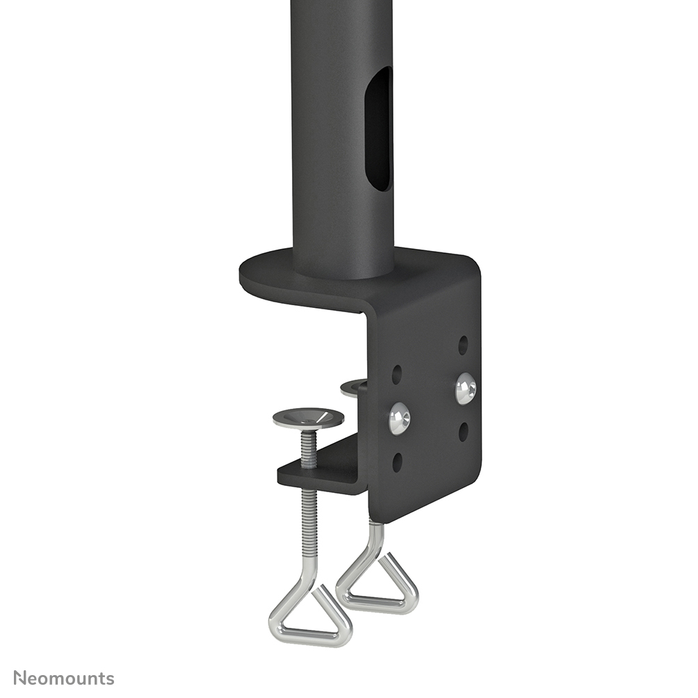 Een zwarte metalen klem met schroef en handvatten voor tafelbevestiging.