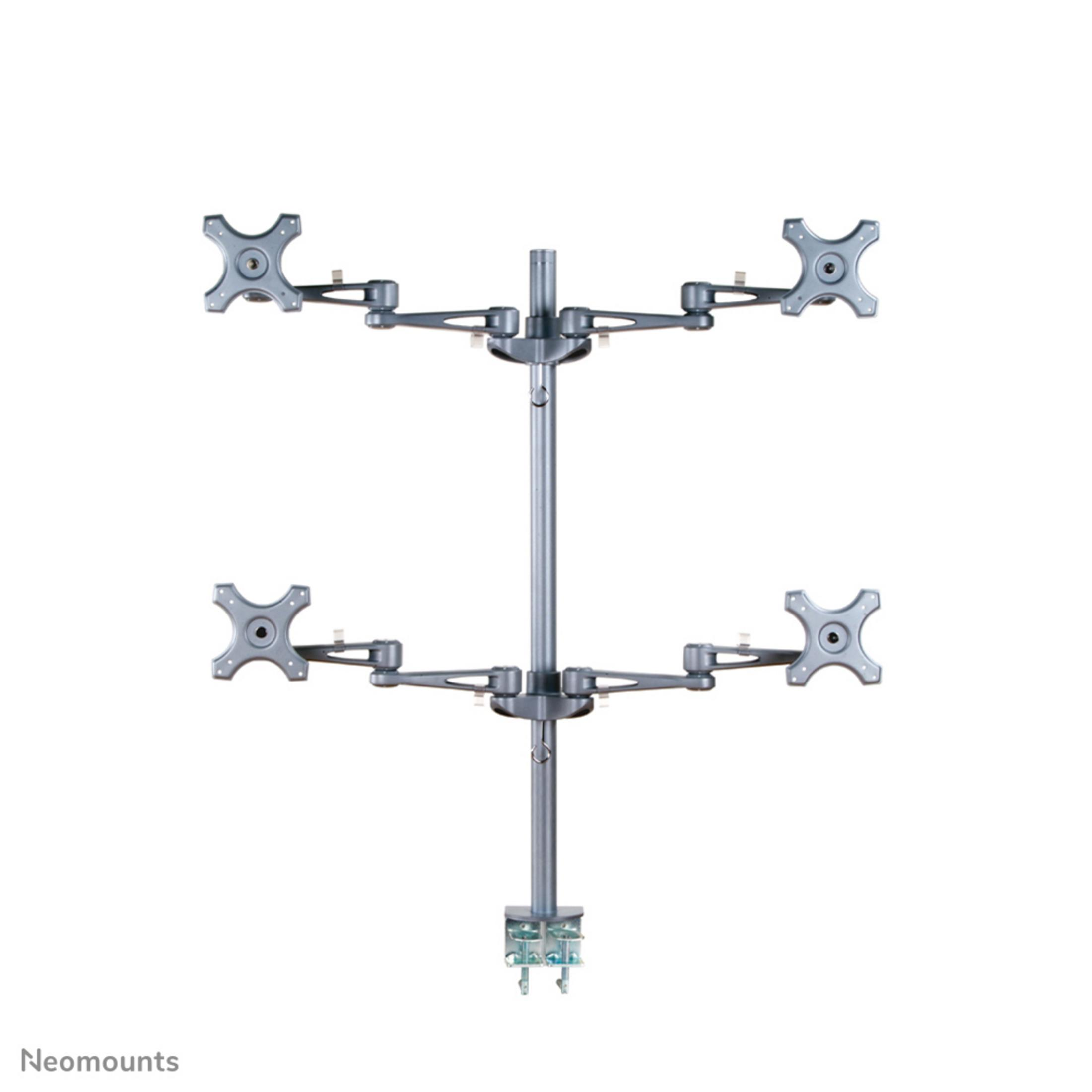 A silver monitor stand with four arms on a white background.