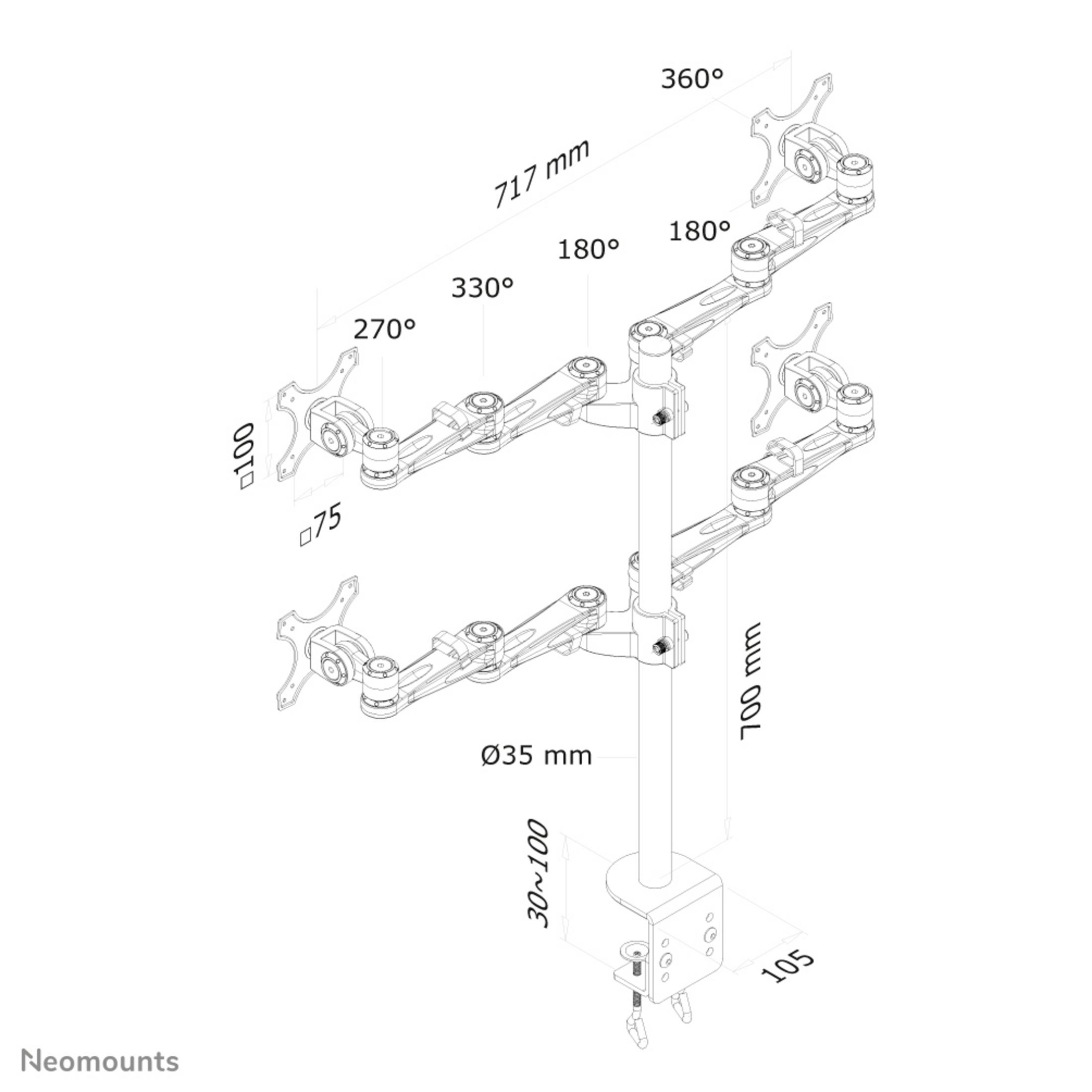 Technical drawing of a four-arm monitor mount with dimensions and angles.
