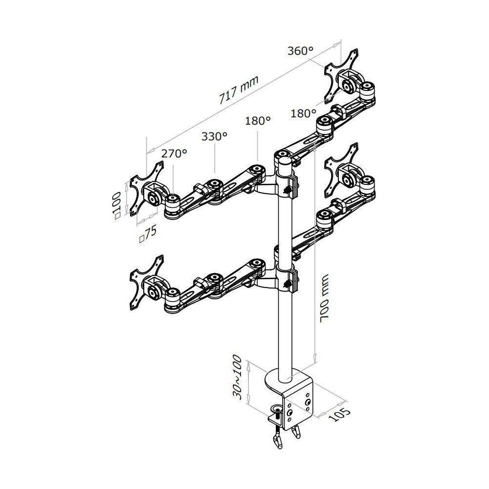 Technical drawing of a four-arm monitor stand with dimensions.