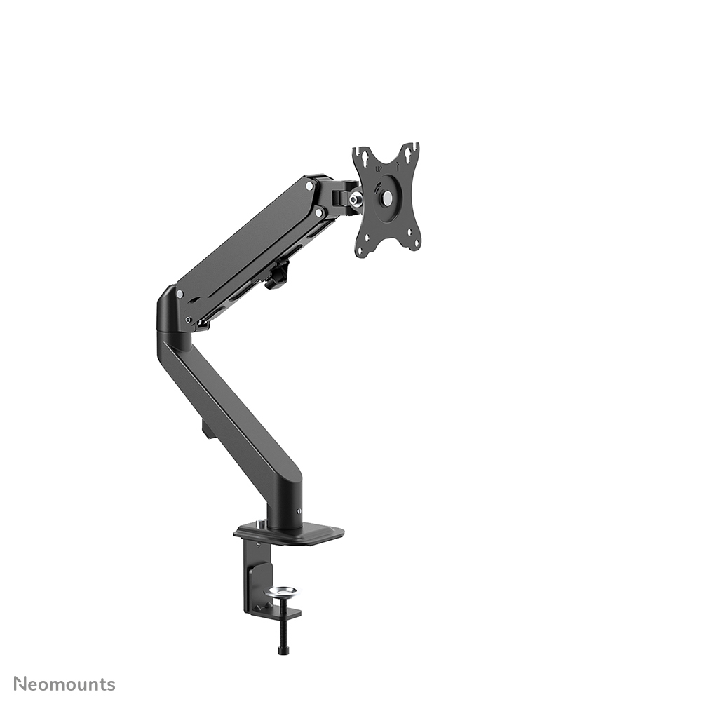 Een zwarte monitorarm met klem en houder, geïsoleerd op witte achtergrond.