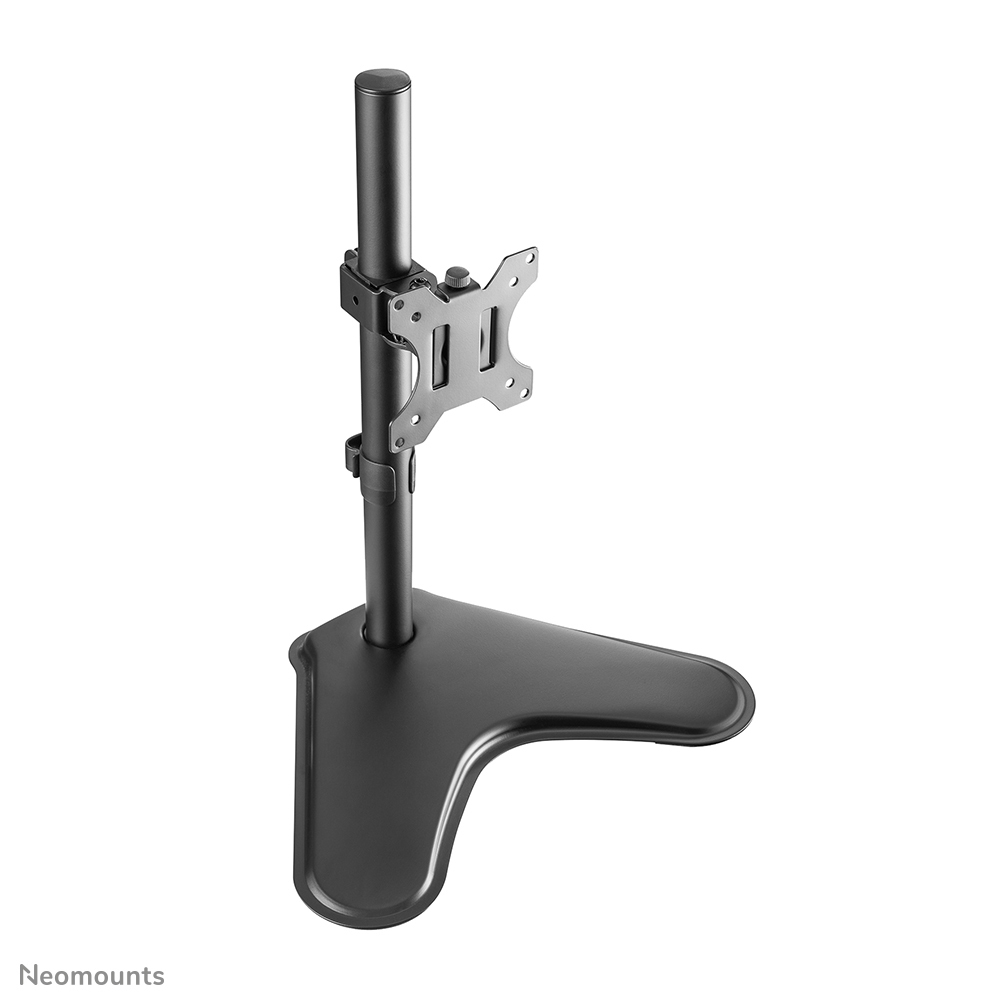 Een zwarte monitorstandaard met een platte voet en een verticale paal.