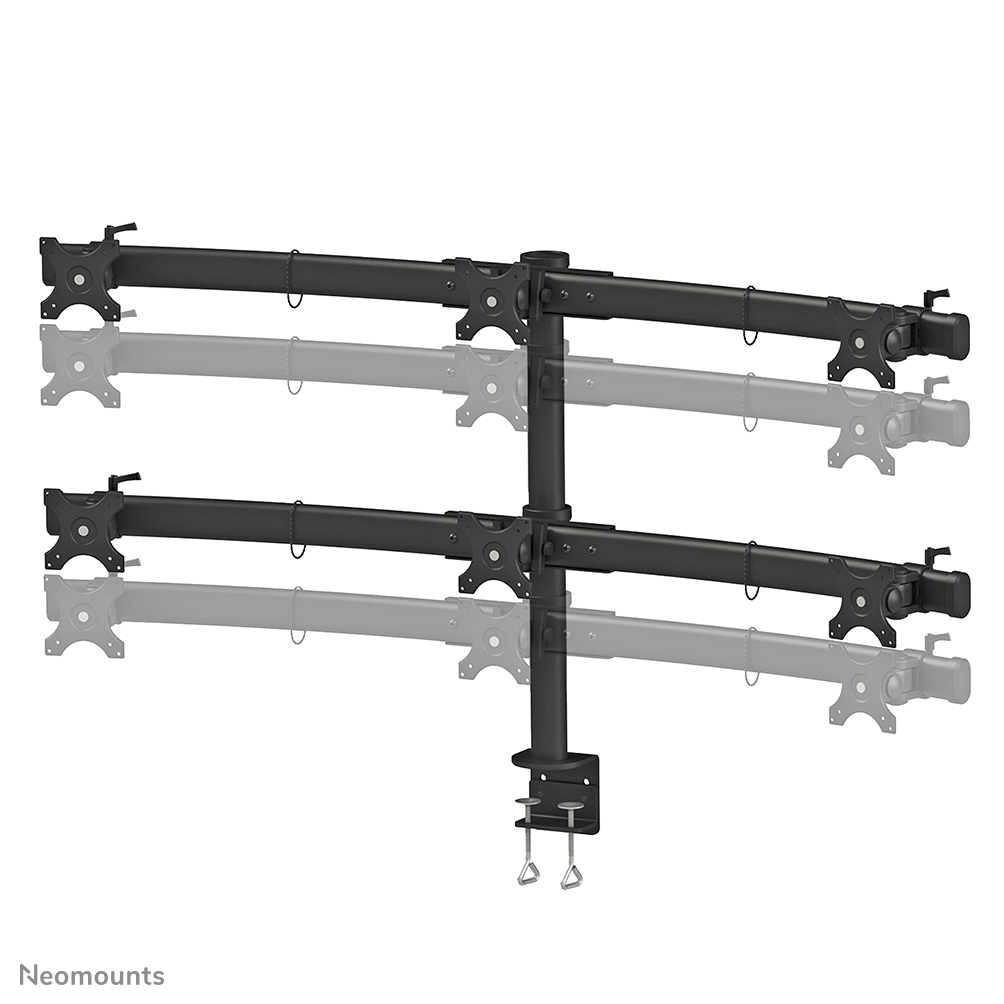 Een zwarte, tweelaagse monitorarm met klemvoet. Grijze silhouetten tonen extra posities.