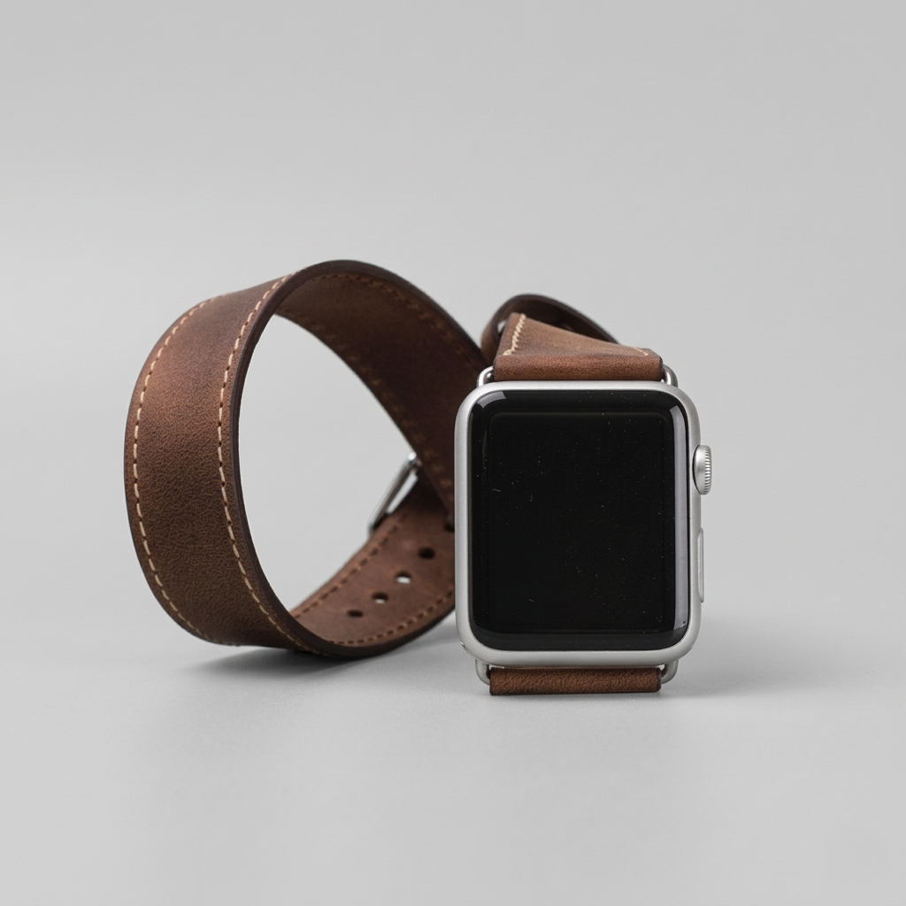 Gümüş rengi Apple Watch, kahverengi deri kordonlu, gri arka plan üzerinde.