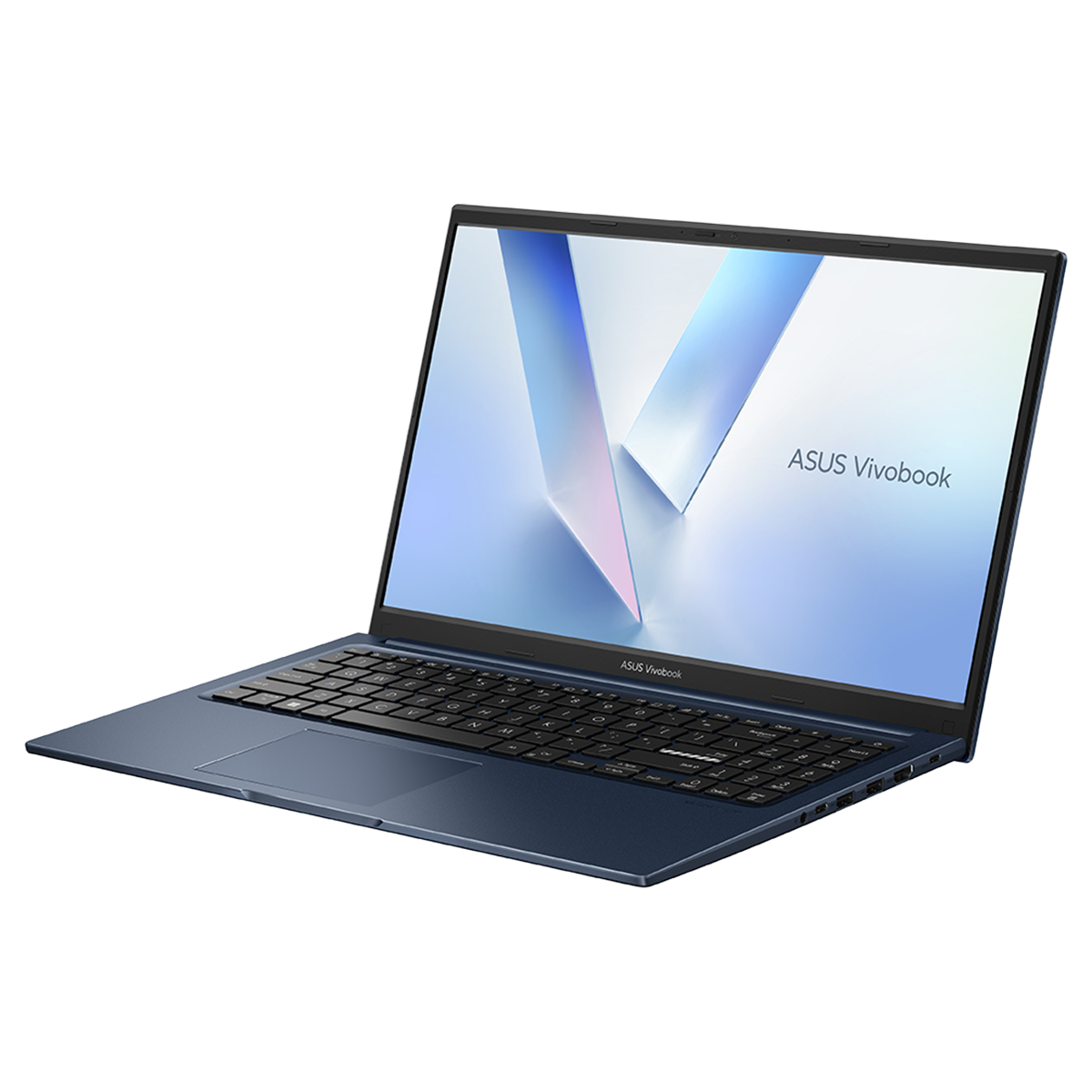Klavyeli ve dokunmatik yüzeyli mavi ASUS Vivobook dizüstü bilgisayar, beyaz zeminde.