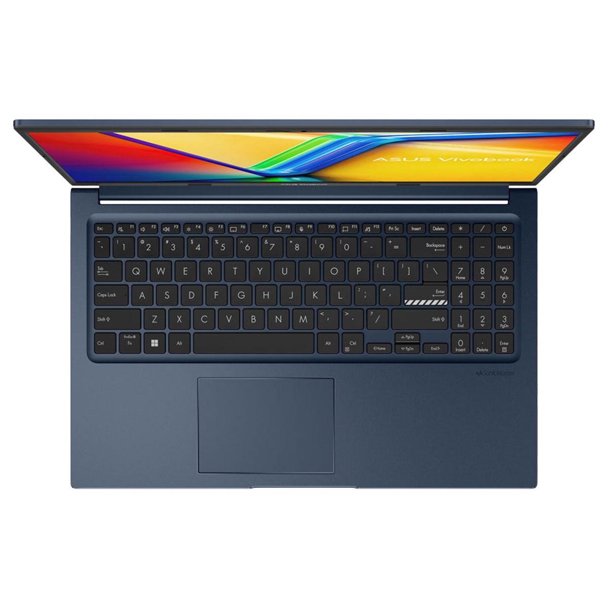 Klavyesi ve dokunmatik yüzeyi görünen, kapağı açık mavi bir ASUS Vivobook dizüstü bilgisayar.