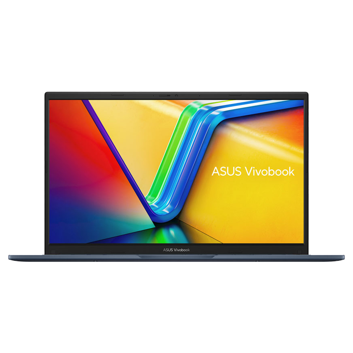 Renkli duvar kağıdı gösteren lacivert ASUS Vivobook dizüstü bilgisayar.