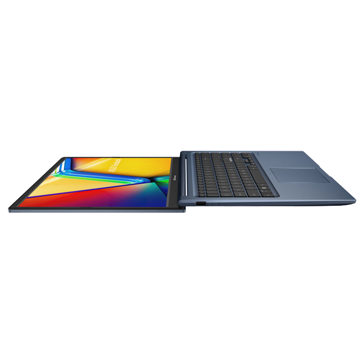 Klavyesi ve renkli ekran duvar kağıdı görünen mavi laptop profil.