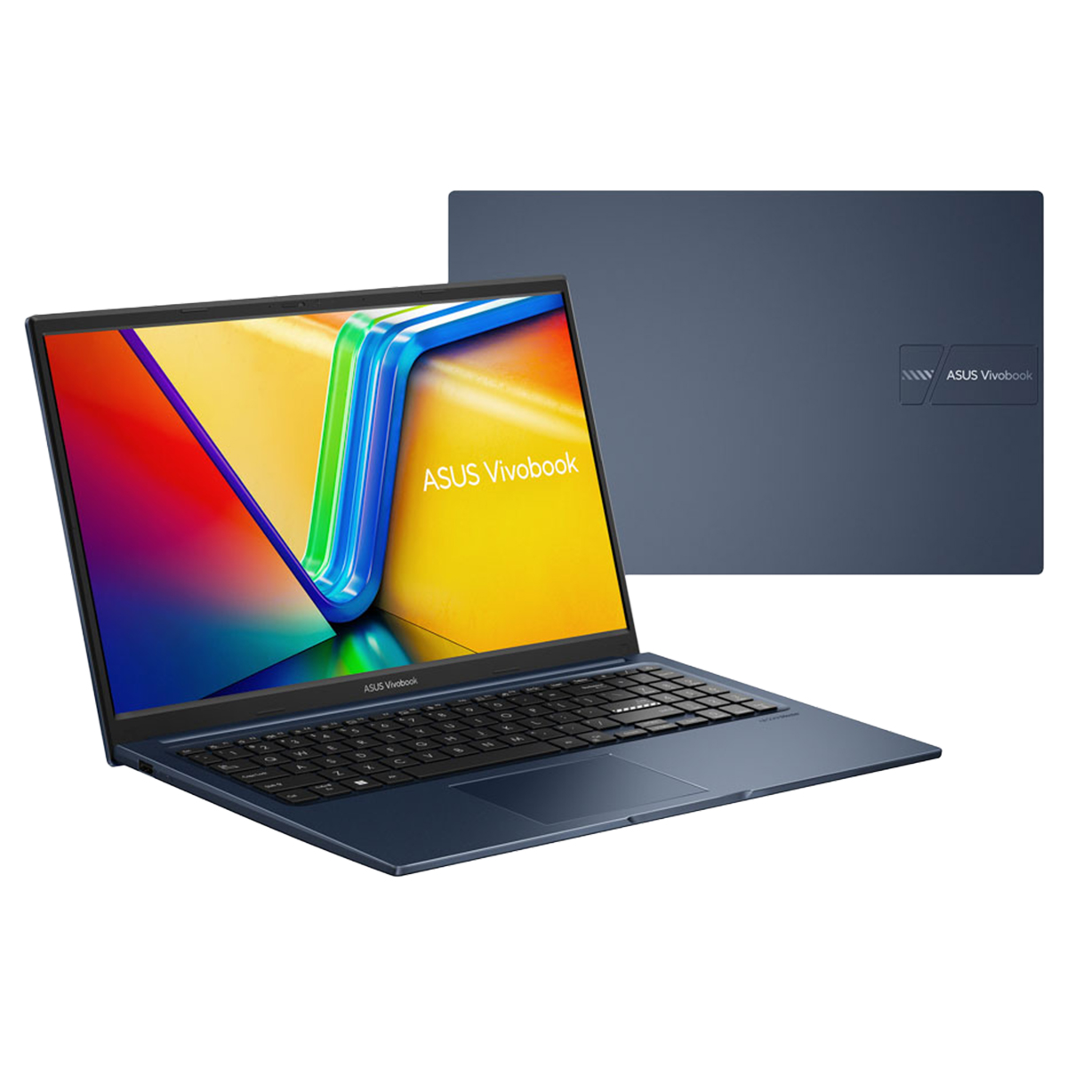 Renkli ekrana sahip mavi bir ASUS Vivobook dizüstü bilgisayar, yanında kapalı kapak.