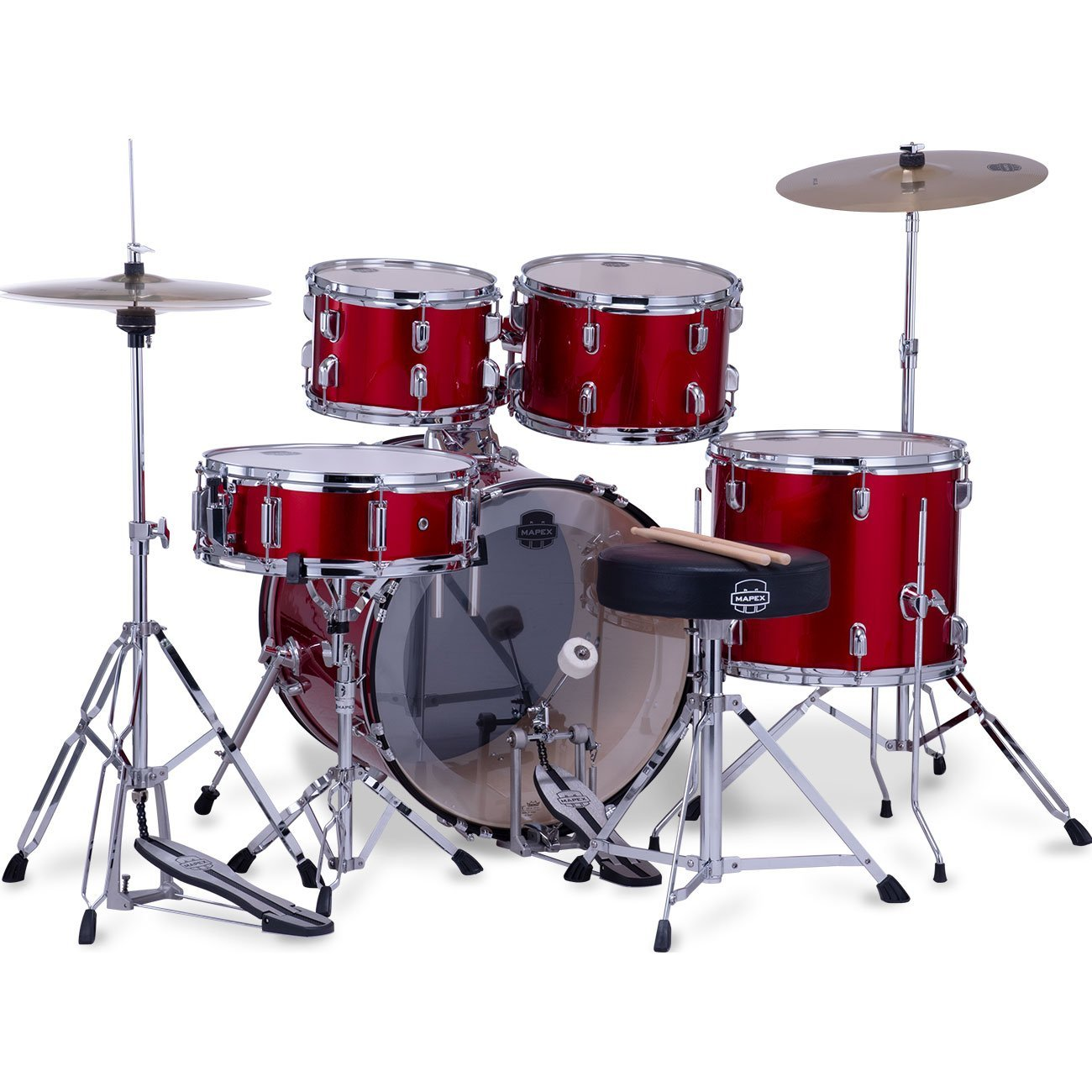 Kırmızı Mapex bateri seti, zil, trampet, tom, bas davul ve tabure içerir.