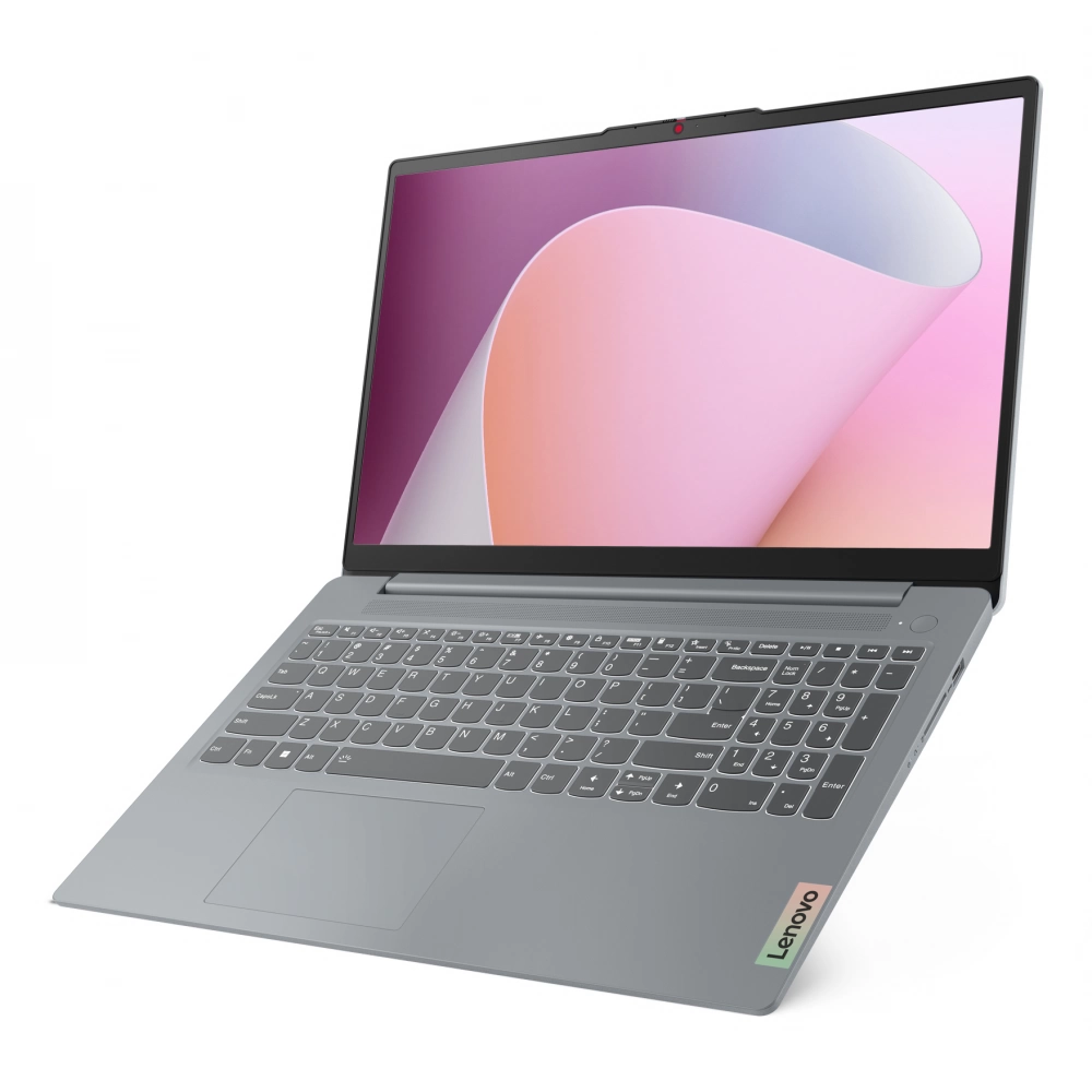 Ekranında renkli arka plana sahip açık gri Lenovo dizüstü bilgisayar.