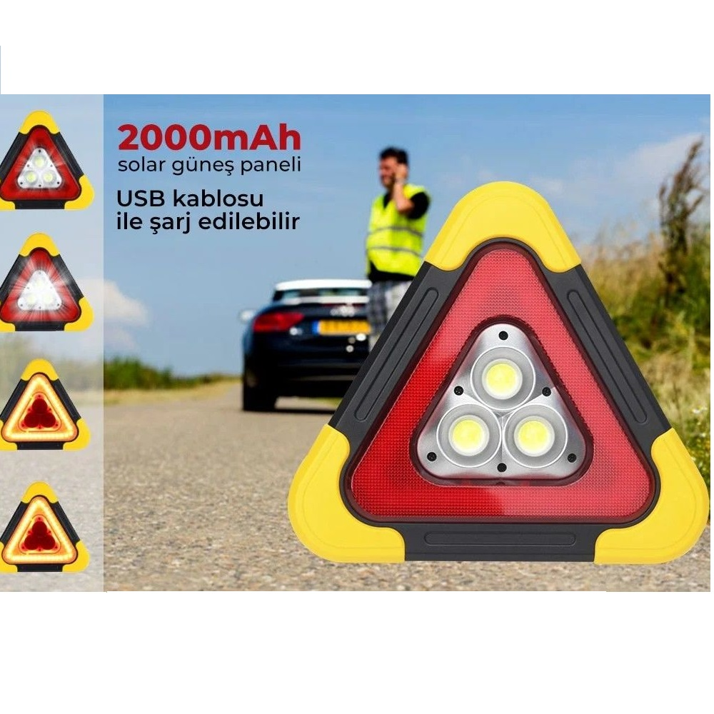 Kırmızı ve sarı uyarı üçgeni, yol kenarında araba ve kişi ile LED'li.