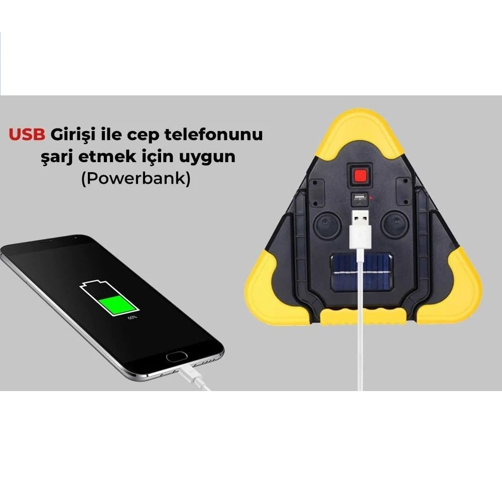 Bir akıllı telefon, üçgen güneş enerjili şarj cihazından USB ile şarj oluyor.